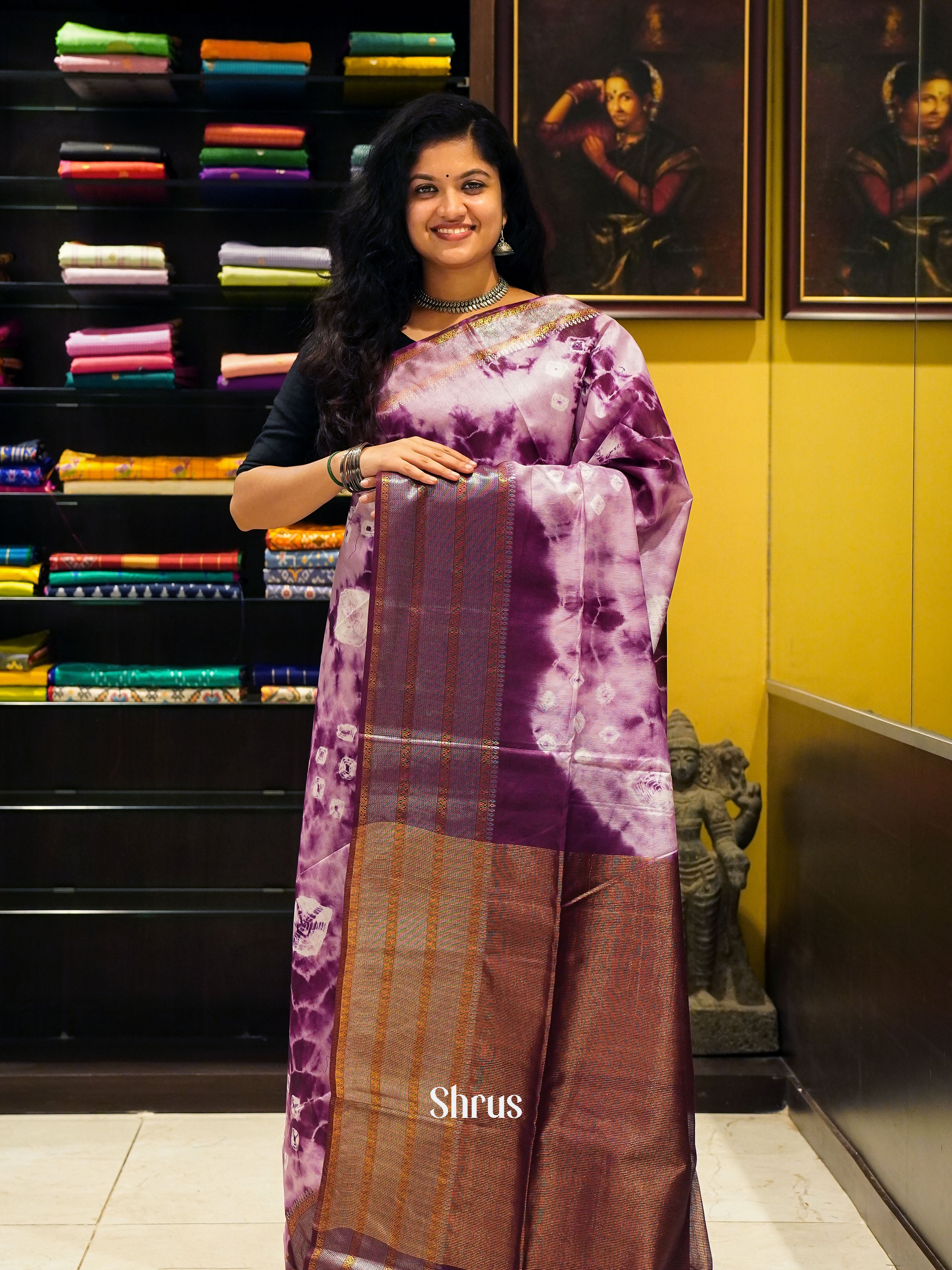 Cream & Purple -Shibori Saree - Shop on ShrusEternity.com