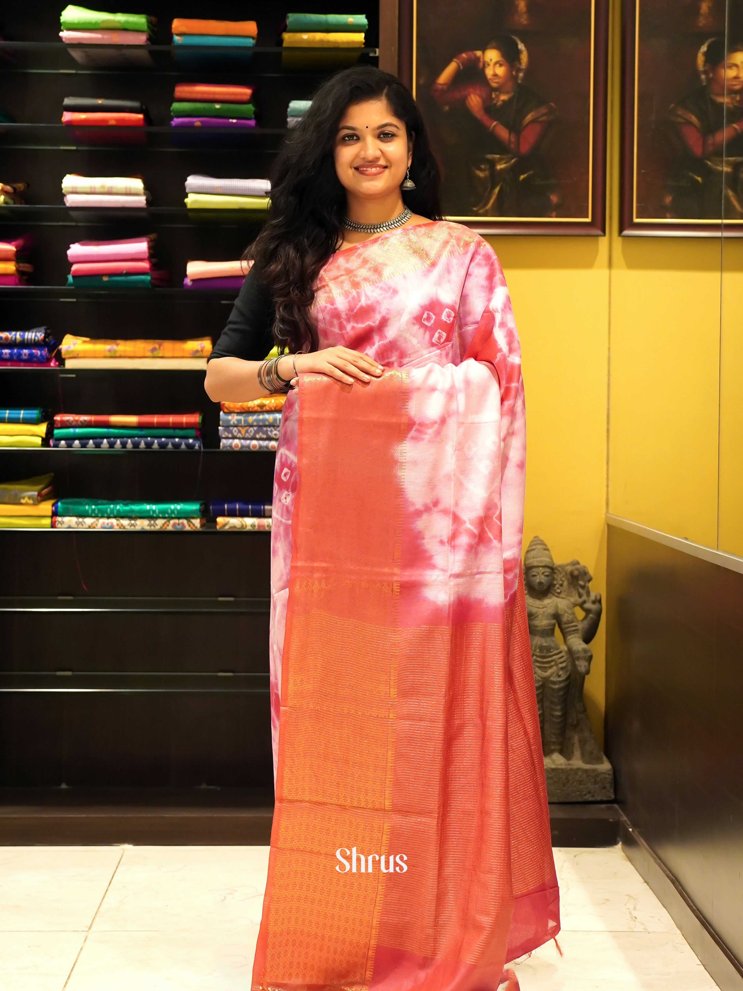 Cream & Red- Shibori Saree - Shop on ShrusEternity.com