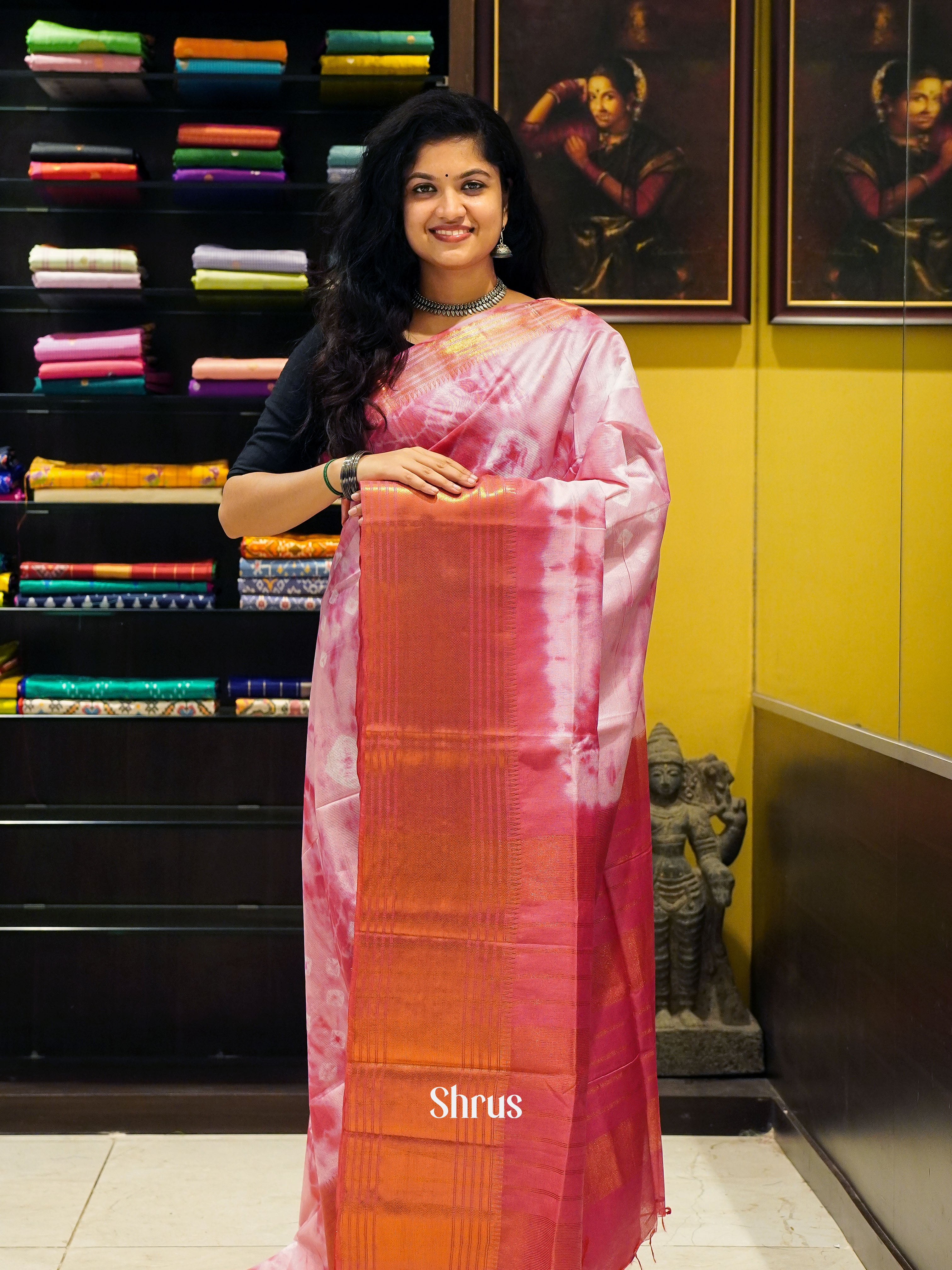 Cream & Pink - Shibori Saree - Shop on ShrusEternity.com