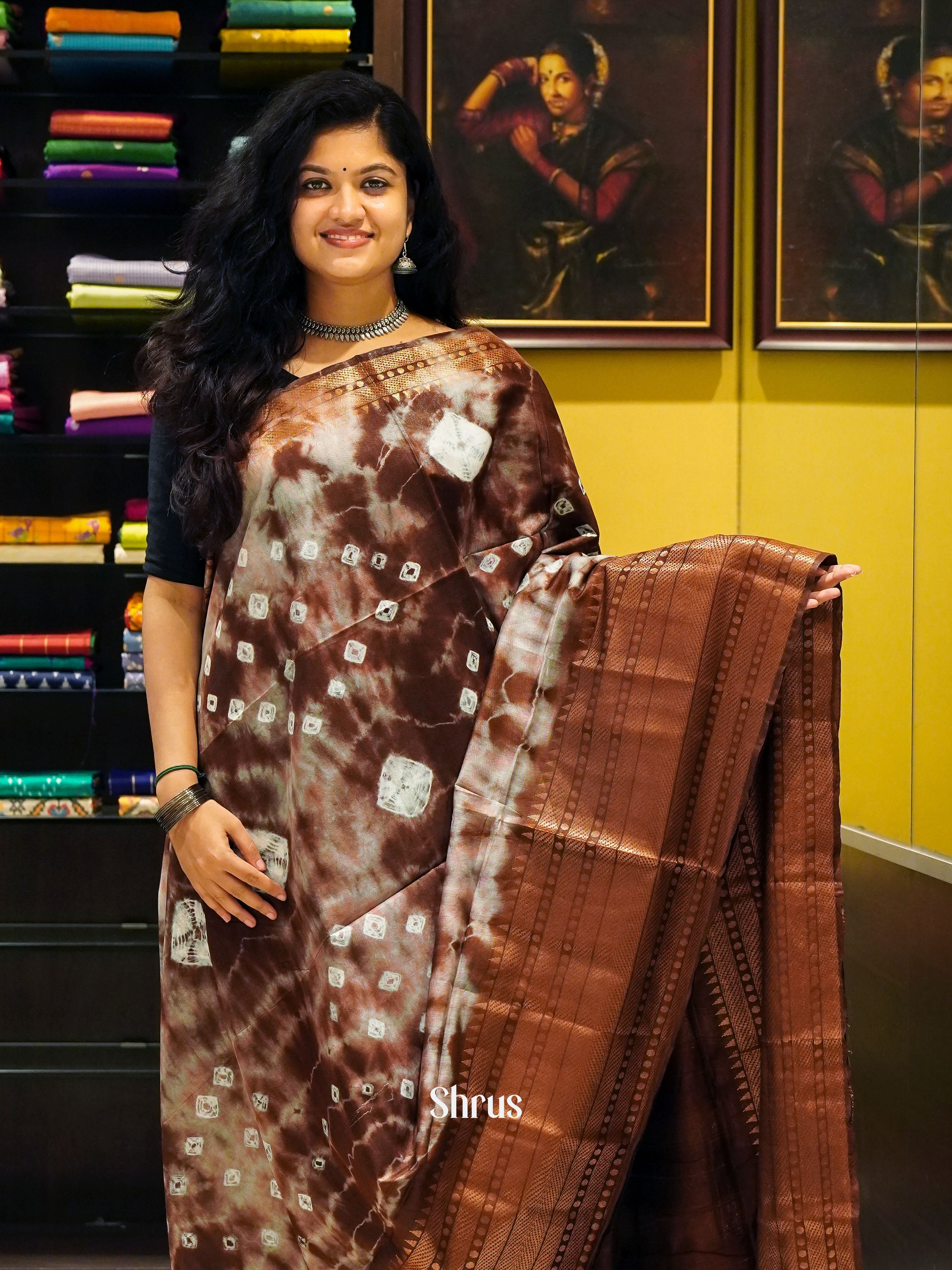 Cream & Brown - Shibori Saree - Shop on ShrusEternity.com