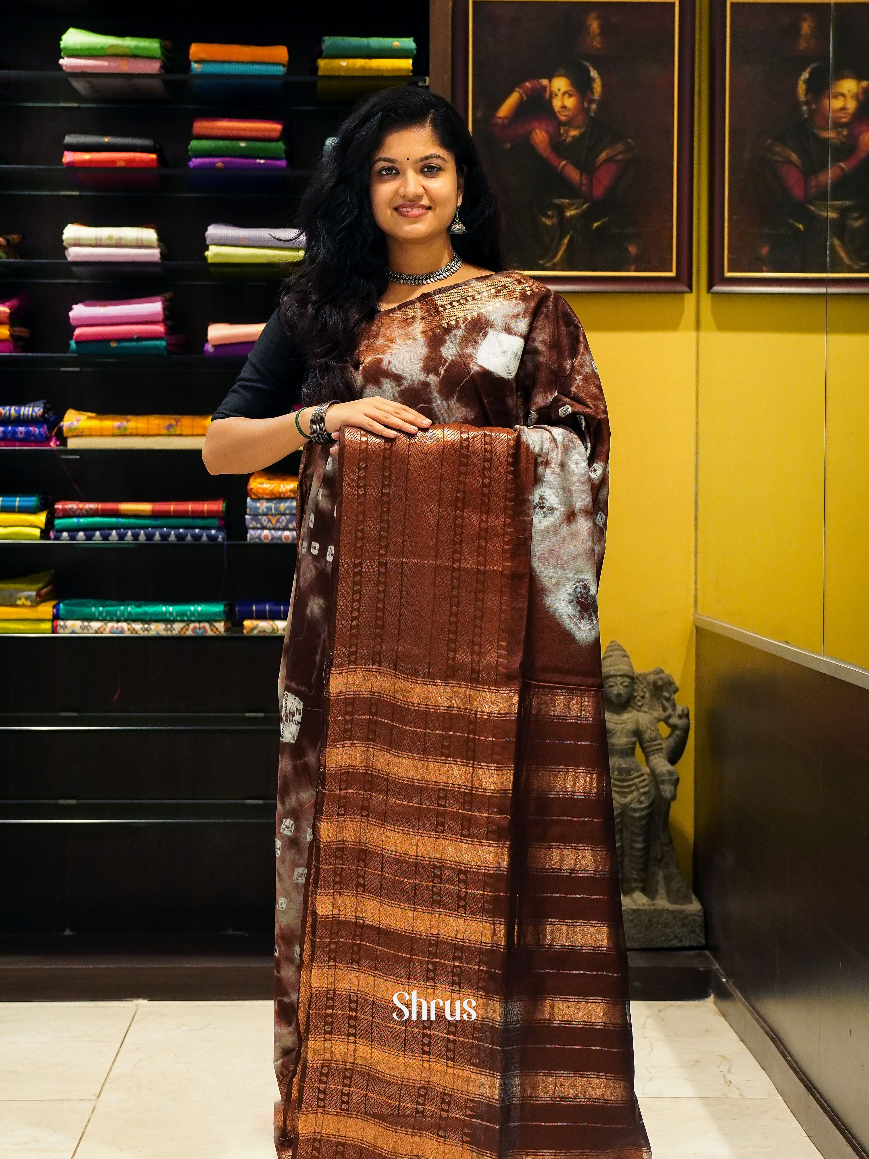Cream & Brown - Shibori Saree - Shop on ShrusEternity.com