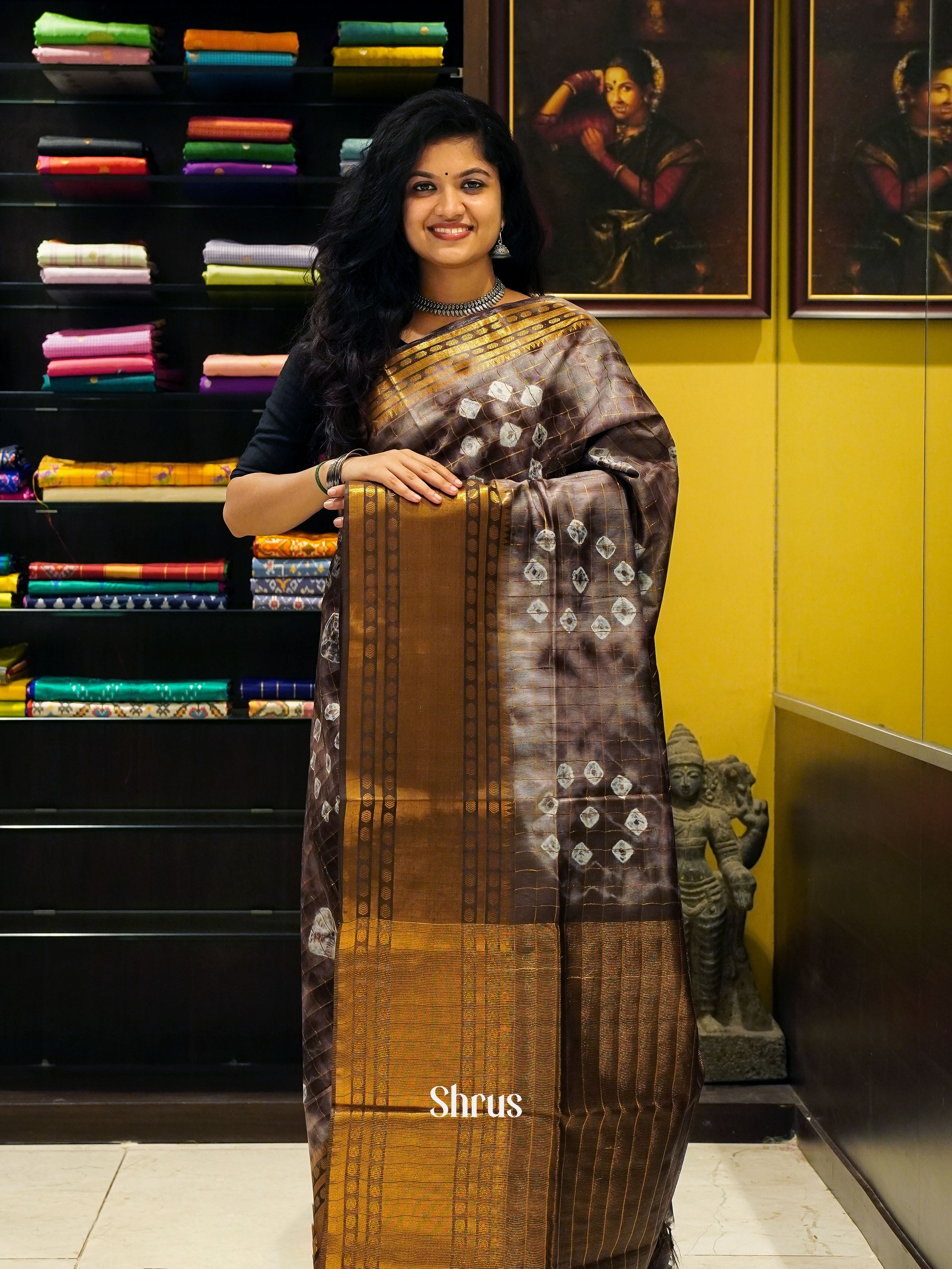 Cream & Brown - Shibori Saree - Shop on ShrusEternity.com
