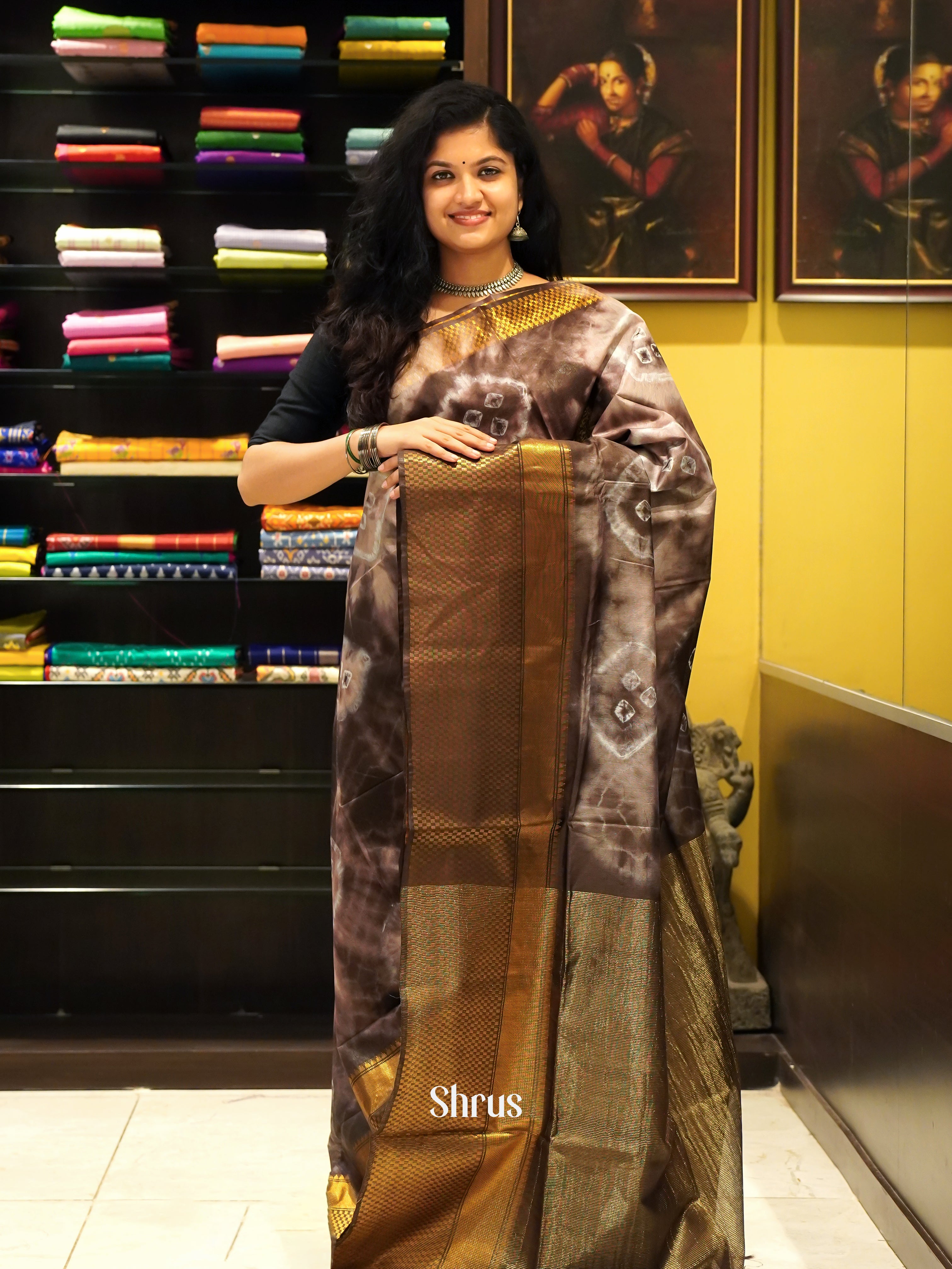 Brown & Cream - Shibori Saree - Shop on ShrusEternity.com