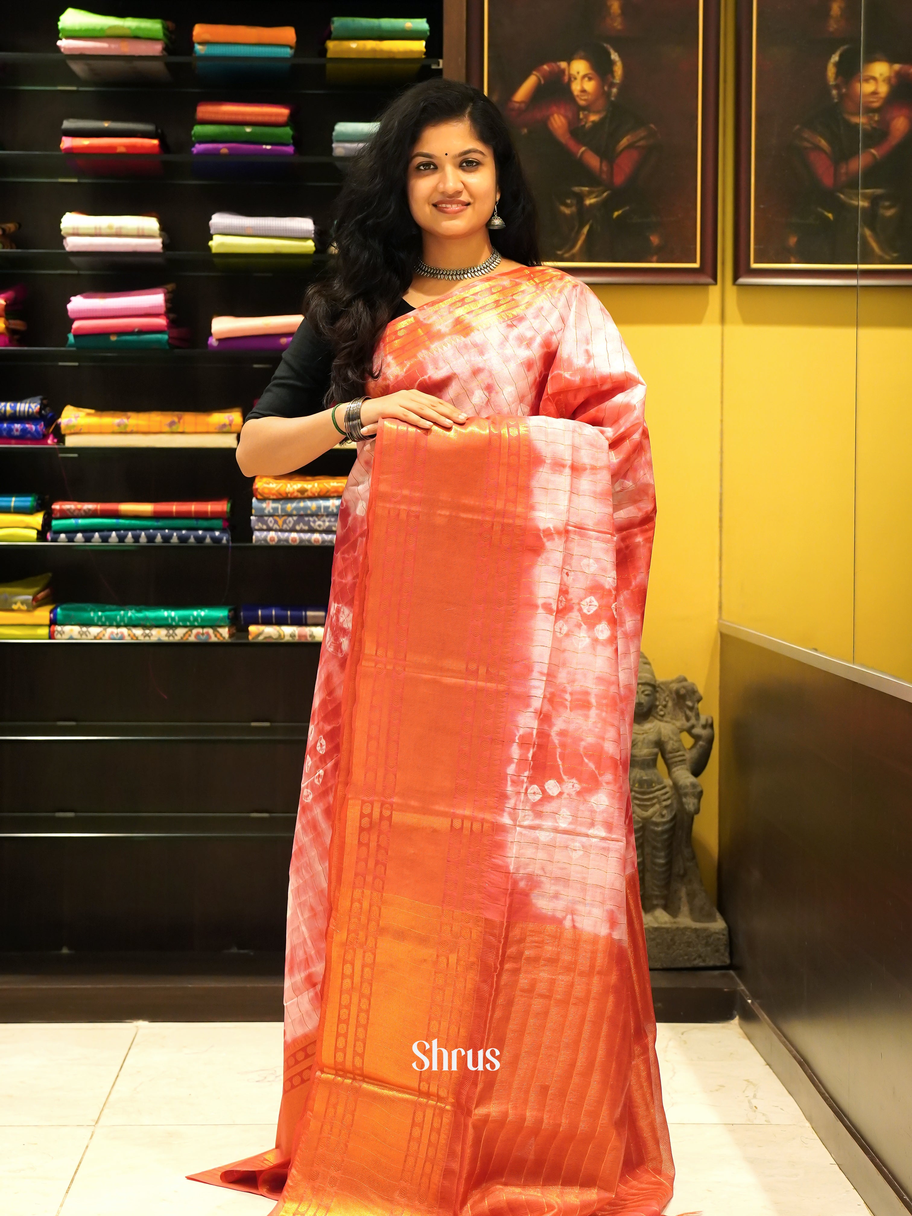 Cream & Red - Shibori Saree - Shop on ShrusEternity.com