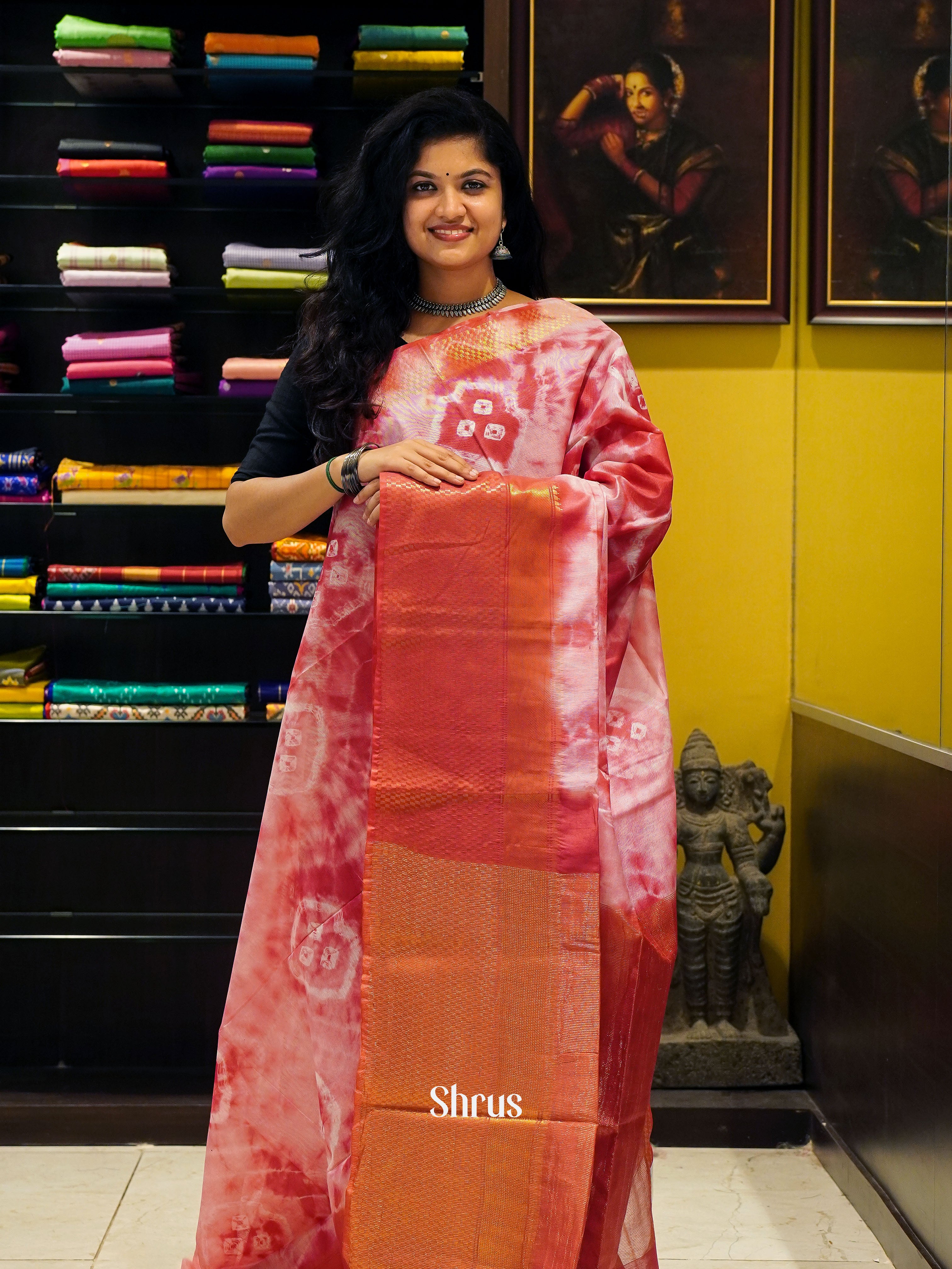 Cream & Red - Shibori Saree - Shop on ShrusEternity.com