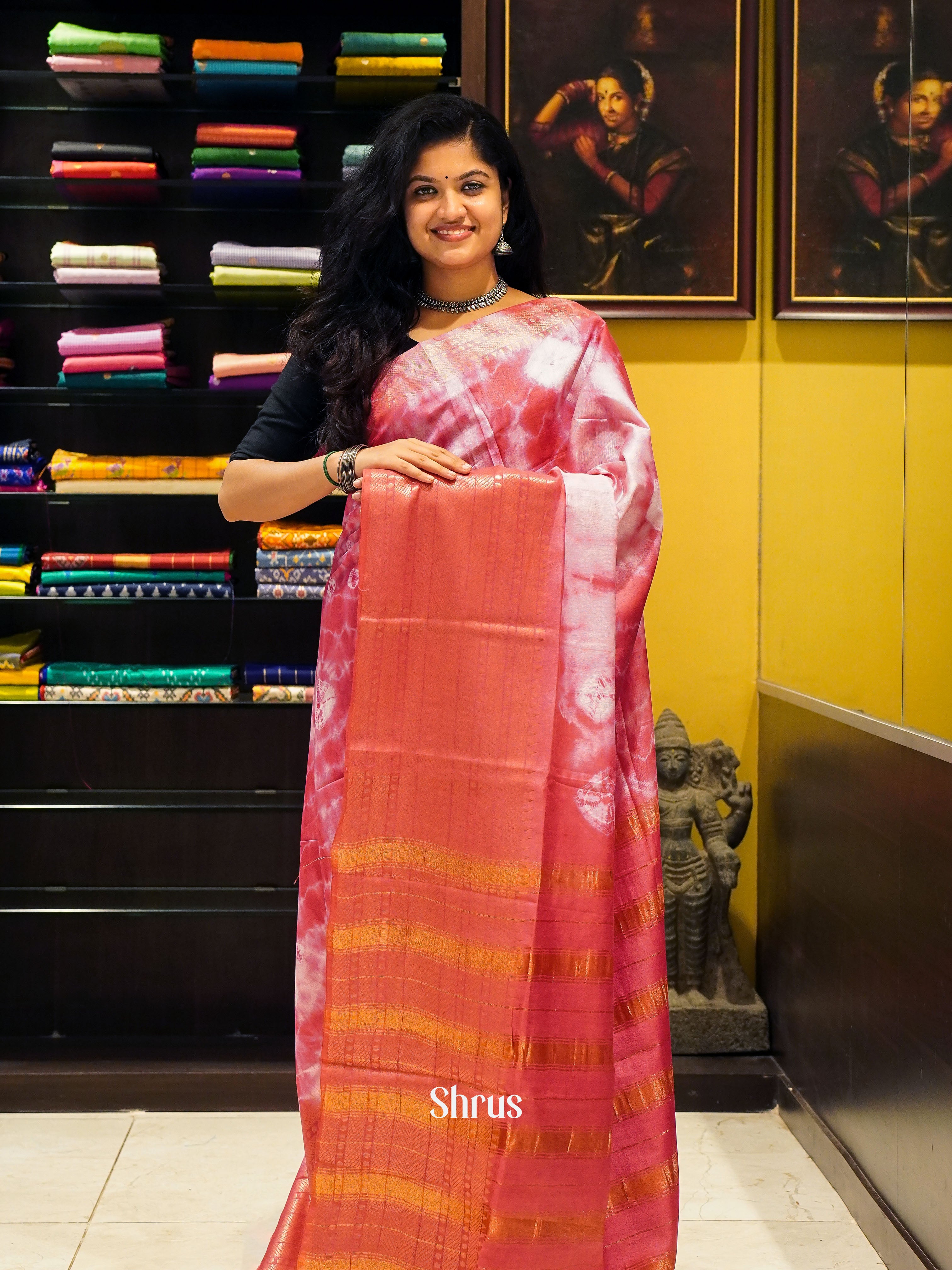 Cream & Red - Shibori Saree - Shop on ShrusEternity.com