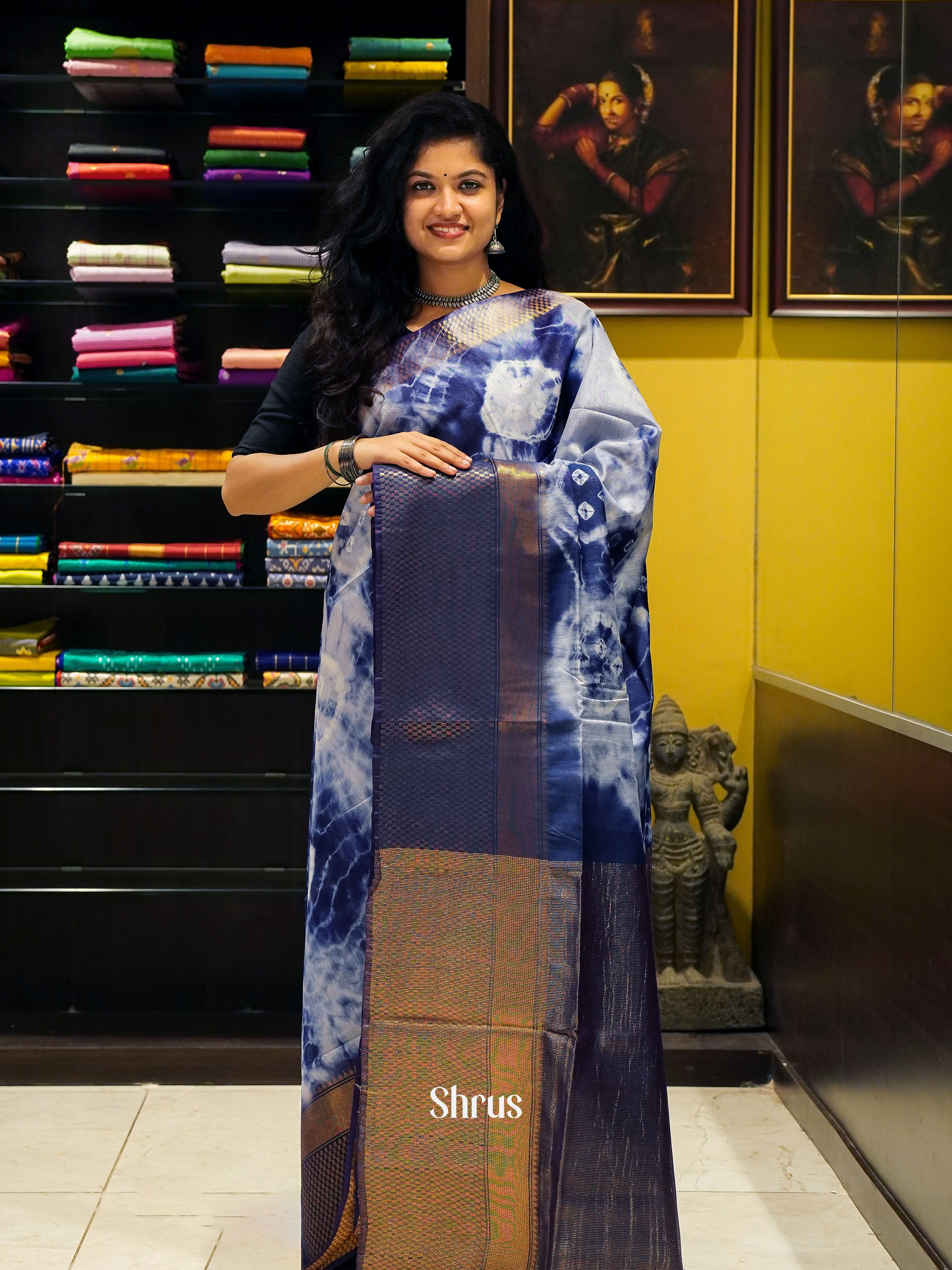 Cream & Blue - Shibori Saree - Shop on ShrusEternity.com