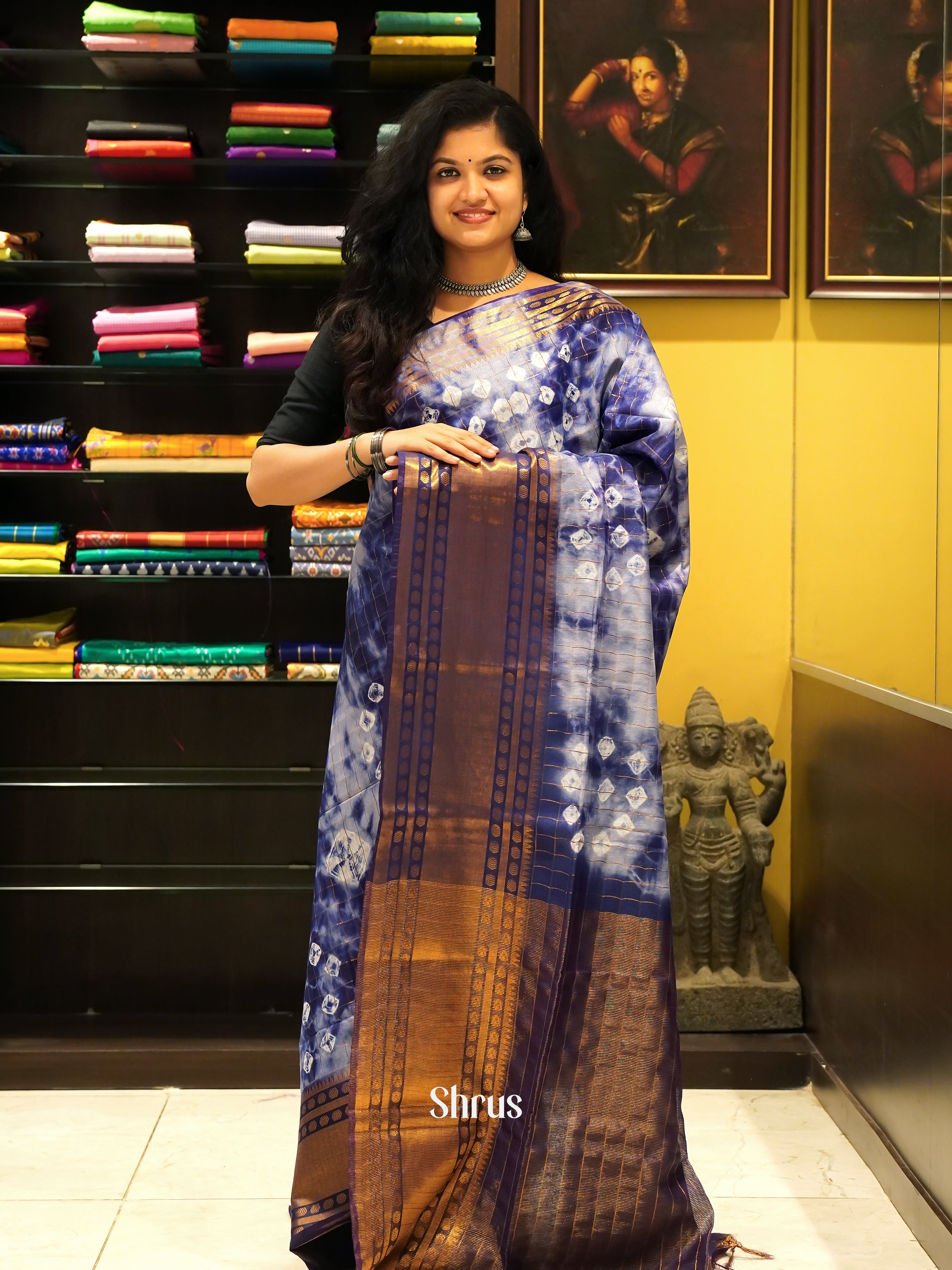Cream & Blue - Shibori Saree - Shop on ShrusEternity.com