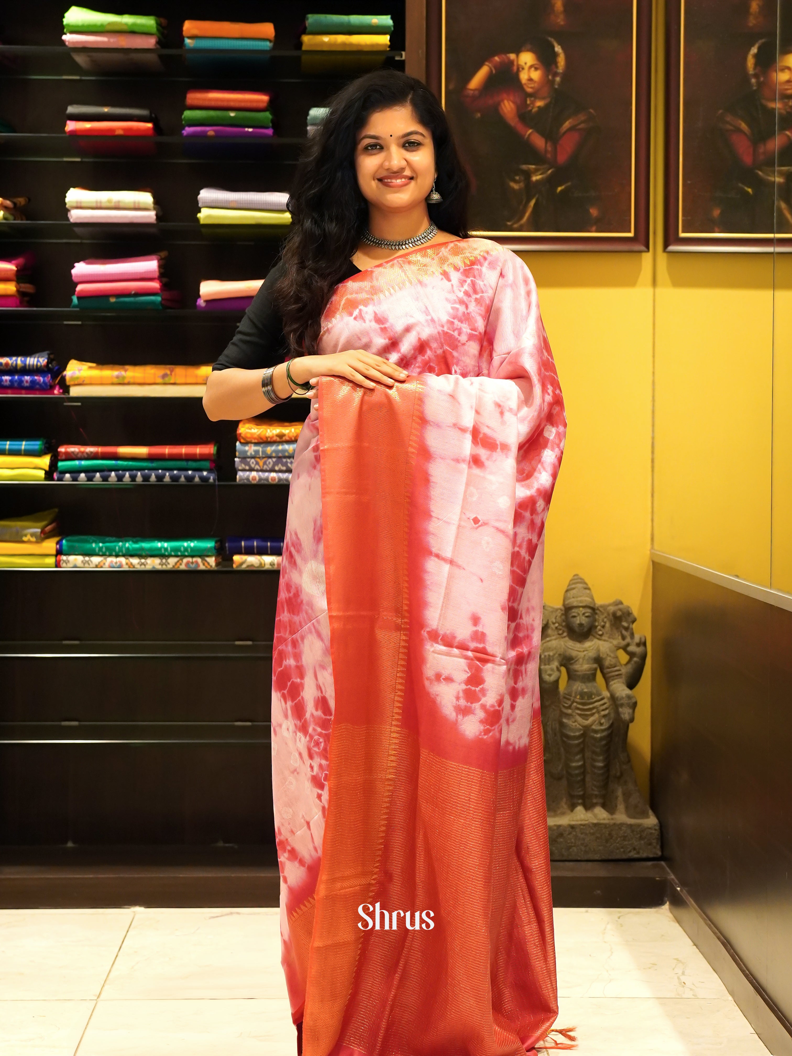 Cream & Red - Shibori Saree - Shop on ShrusEternity.com