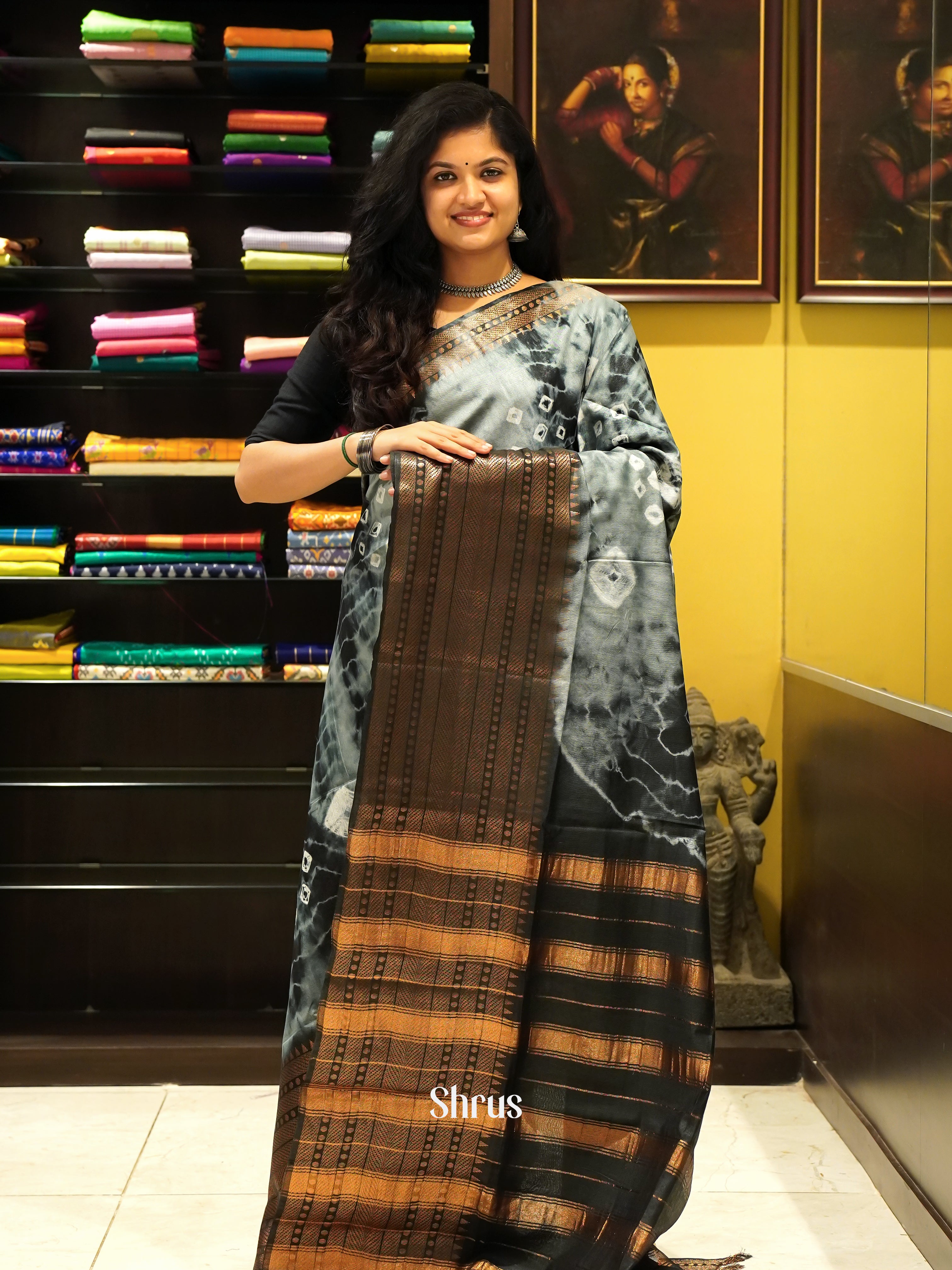 Cream & Black - Shibori Saree - Shop on ShrusEternity.com