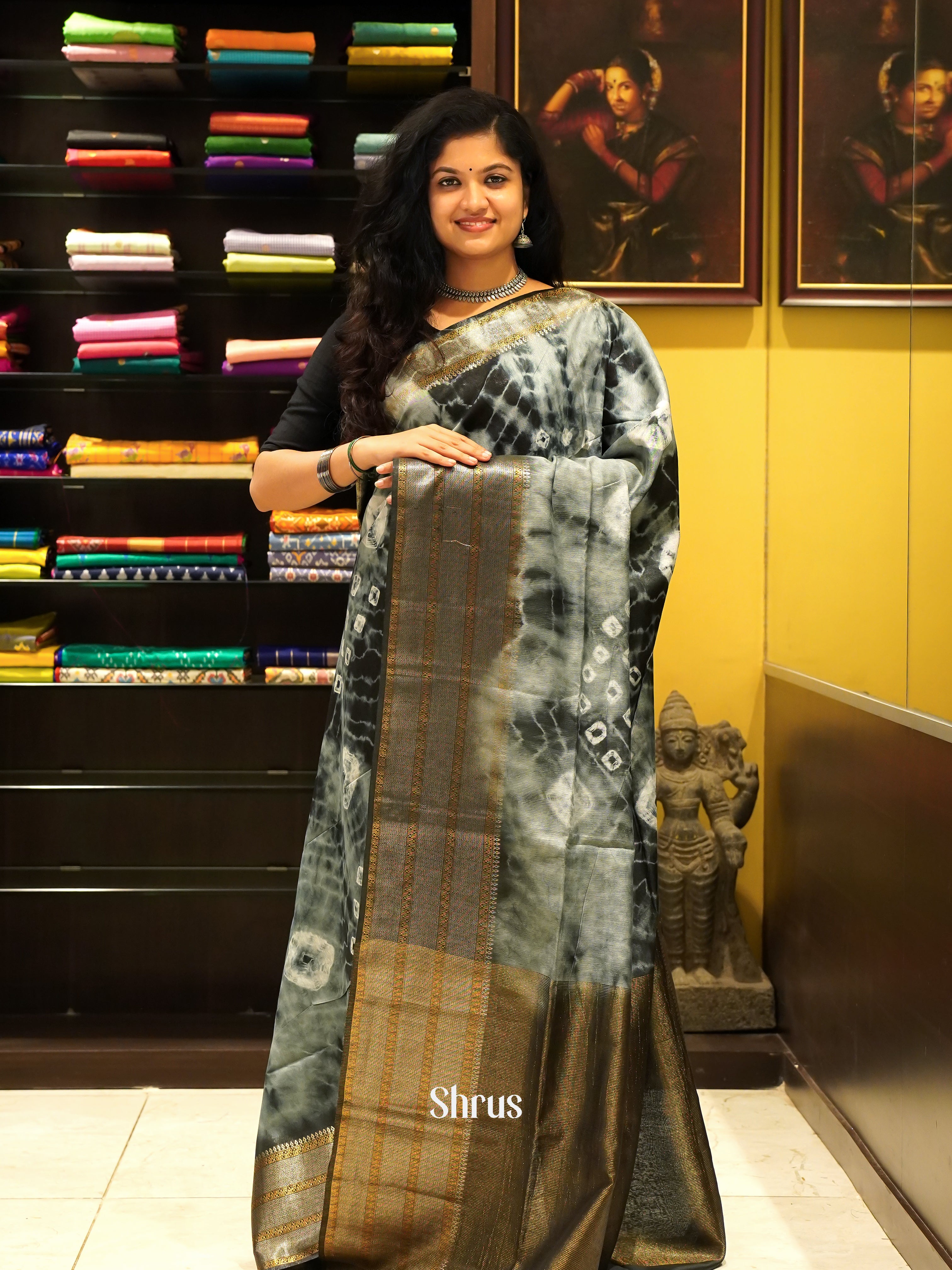 Cream & Black - Shibori Saree - Shop on ShrusEternity.com