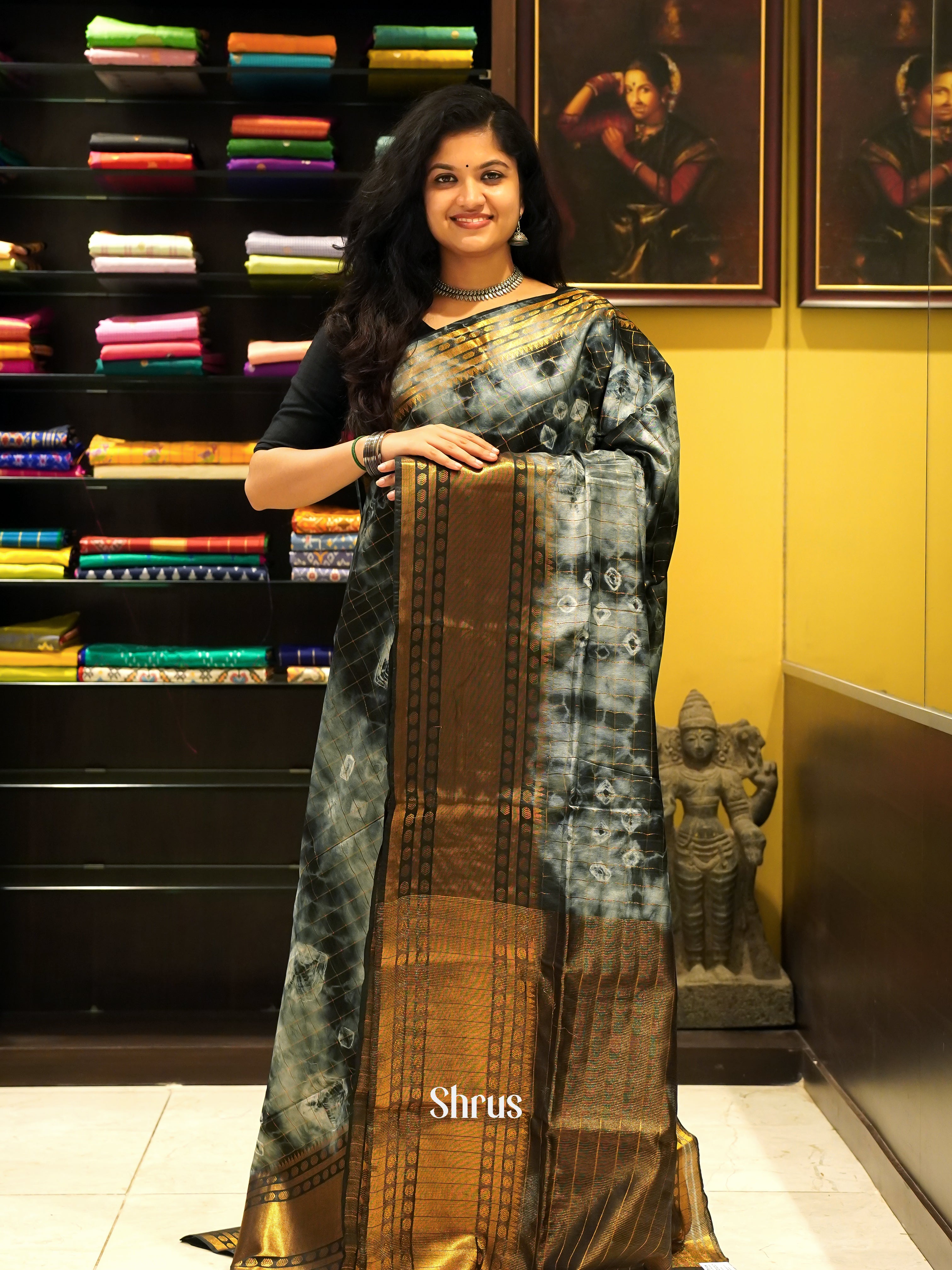 Cream & Black - Shibori Saree - Shop on ShrusEternity.com