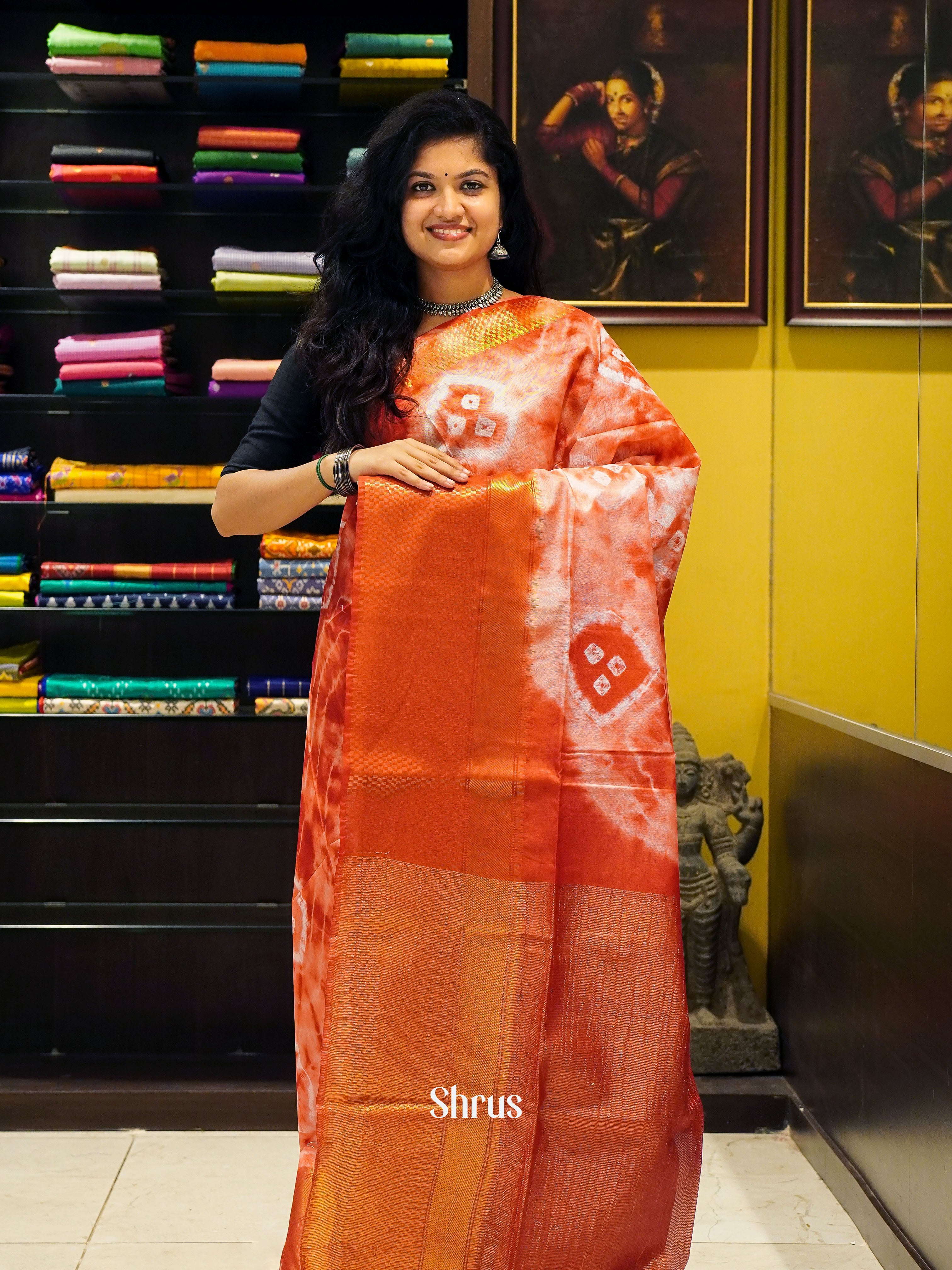 Cream & Red -Shibori Saree - Shop on ShrusEternity.com