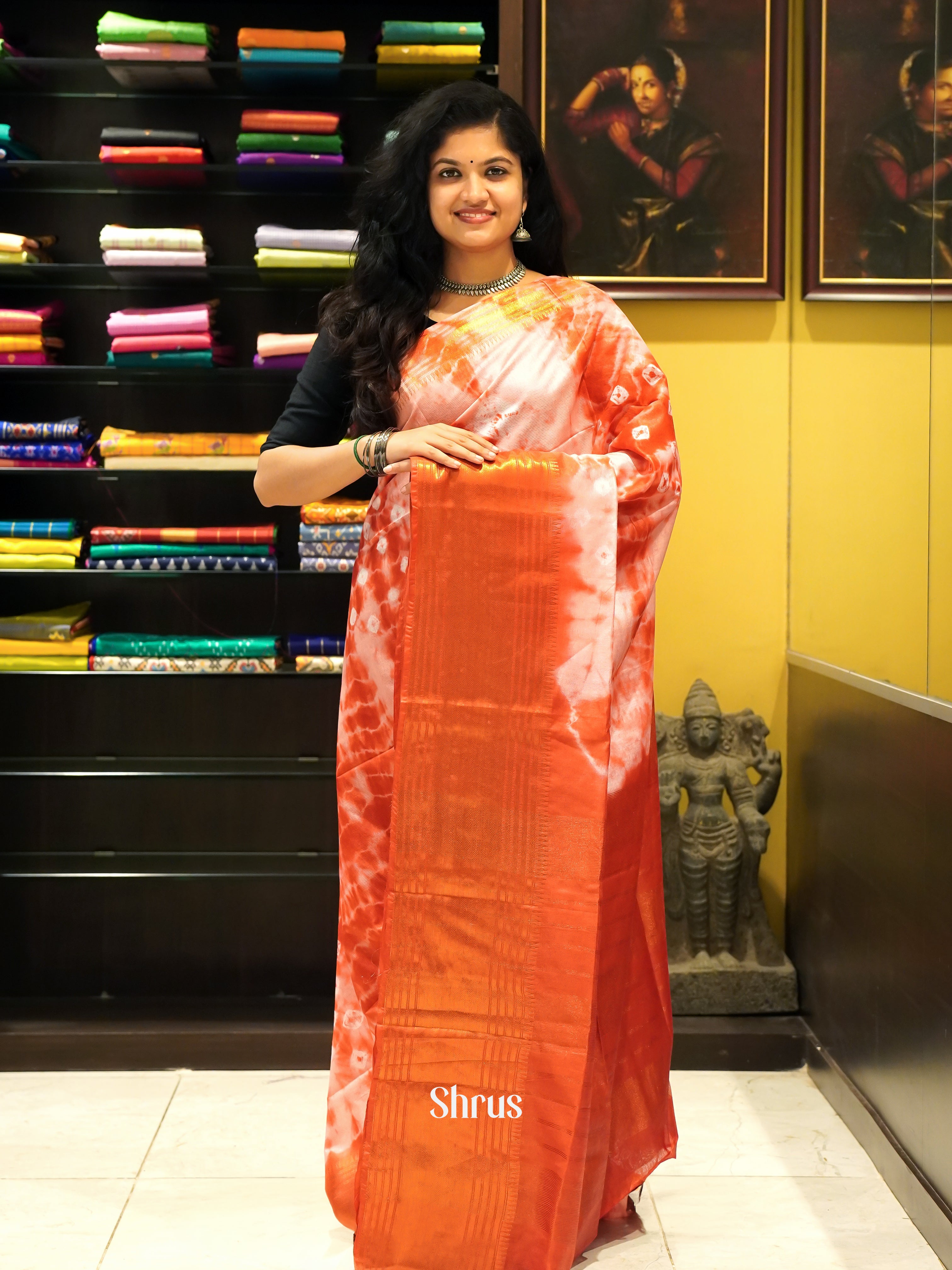 Cream & Red - Shibori Saree - Shop on ShrusEternity.com