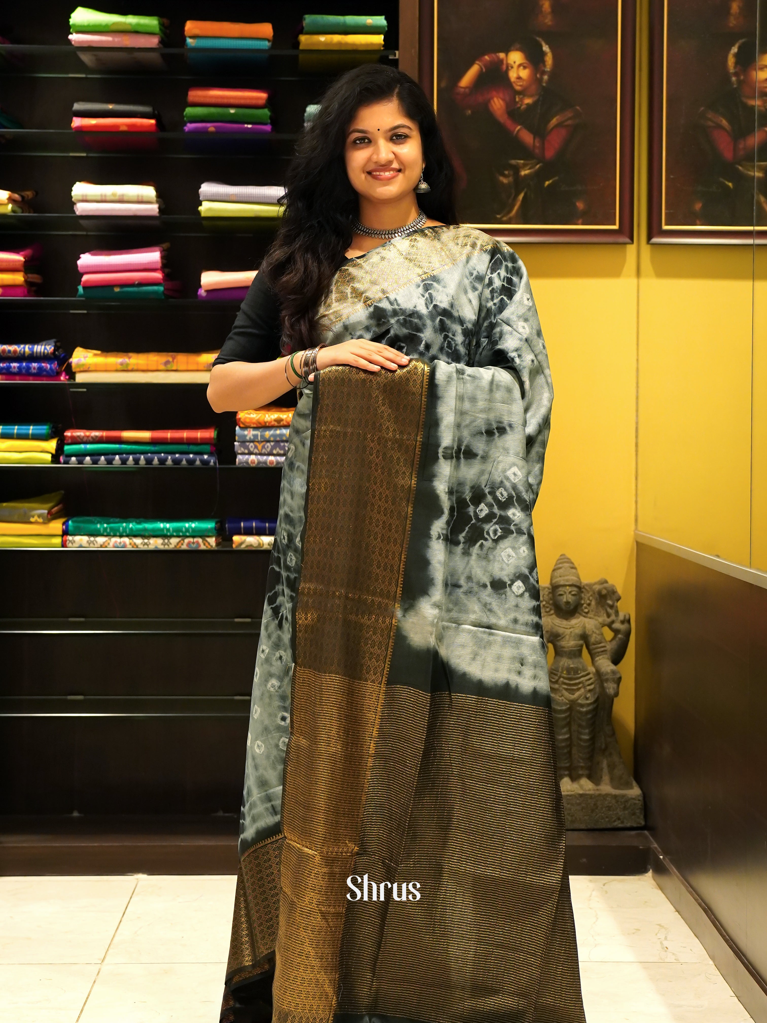 Cream & Black - Shibori Saree - Shop on ShrusEternity.com