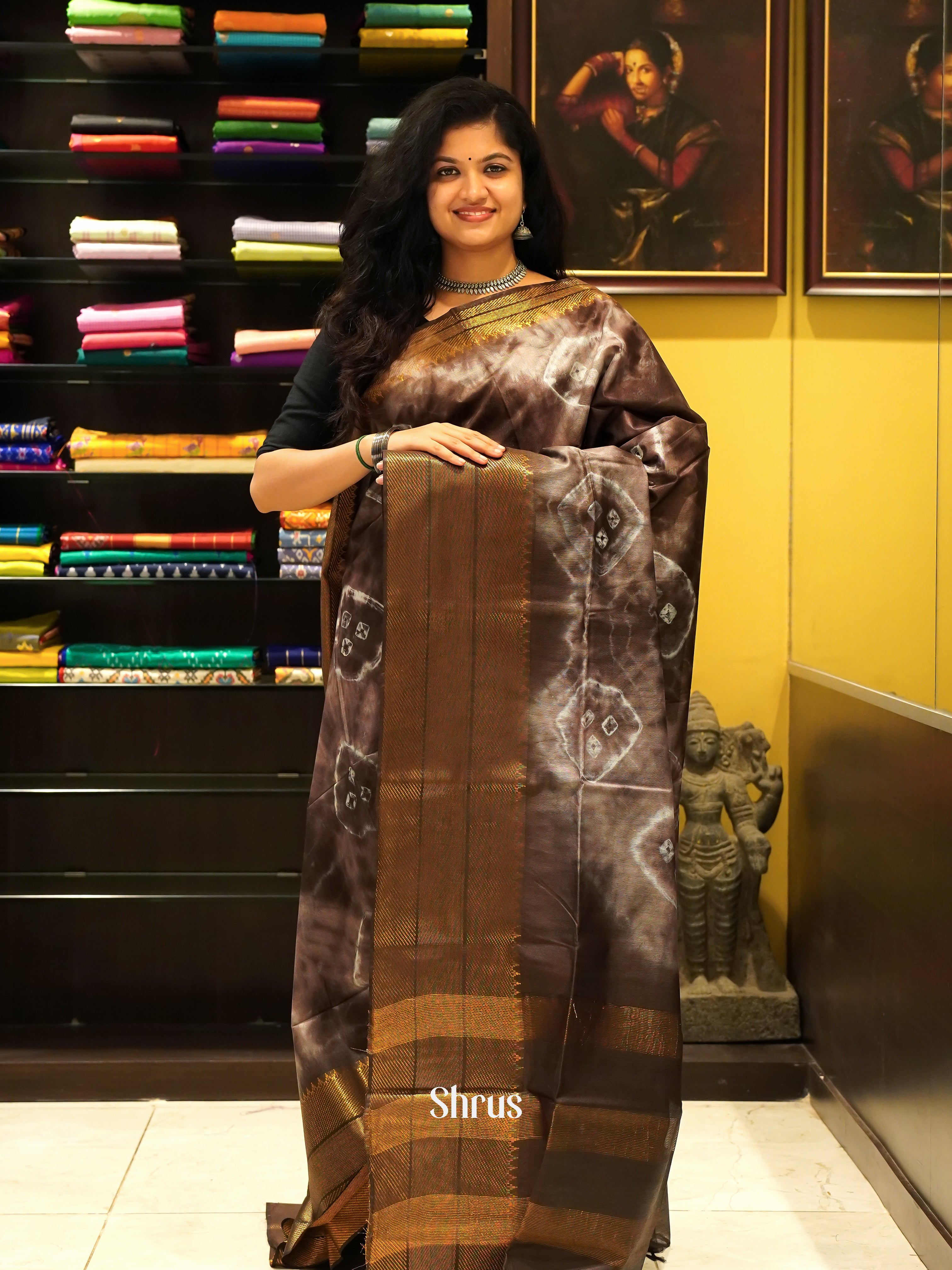 Cream & Brown - Shibori Saree - Shop on ShrusEternity.com
