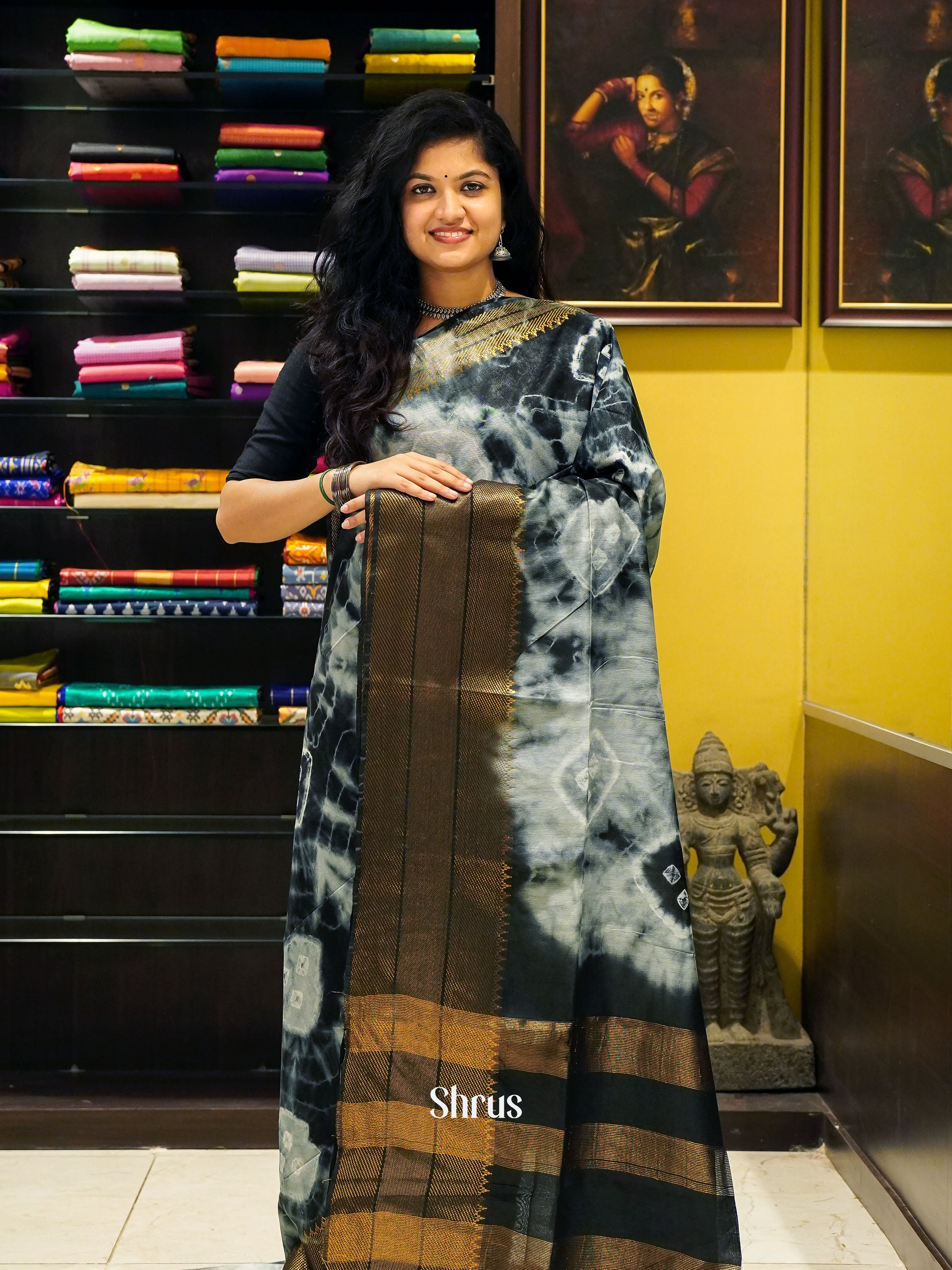 Cream & Black - Shibori Saree - Shop on ShrusEternity.com