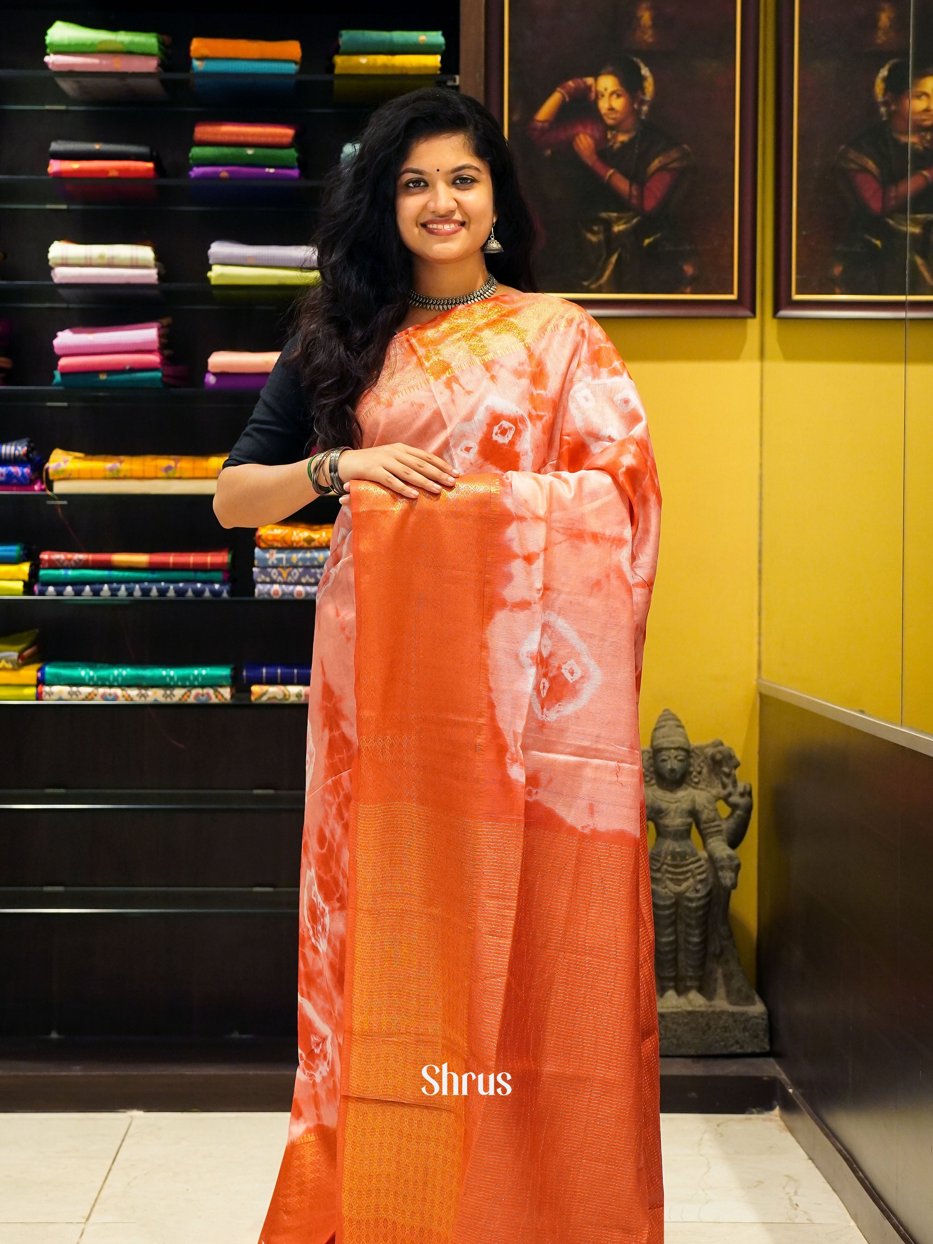 Cream & Red -Shibori Saree - Shop on ShrusEternity.com
