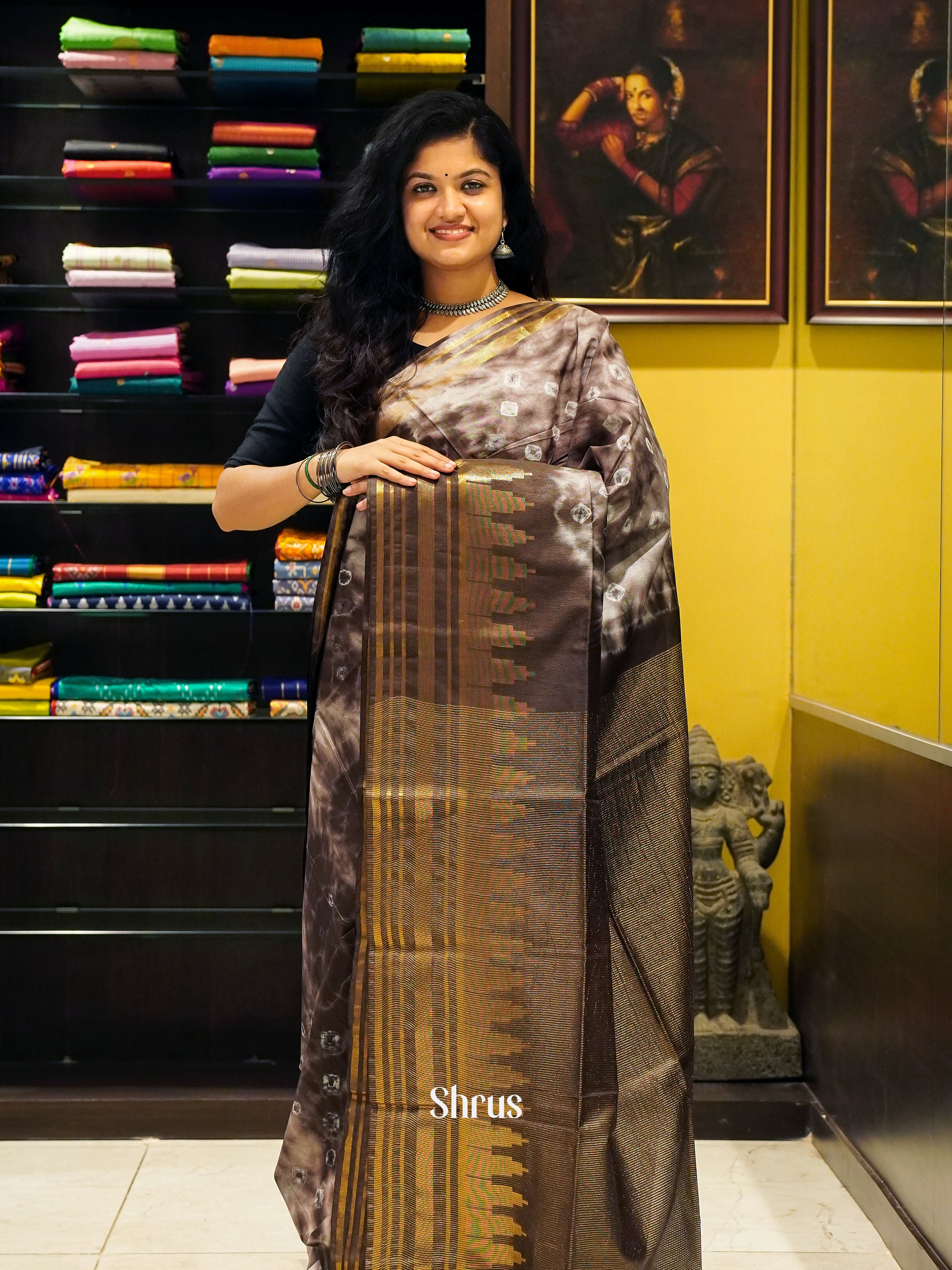 Cream & Brown - Shibori Saree - Shop on ShrusEternity.com