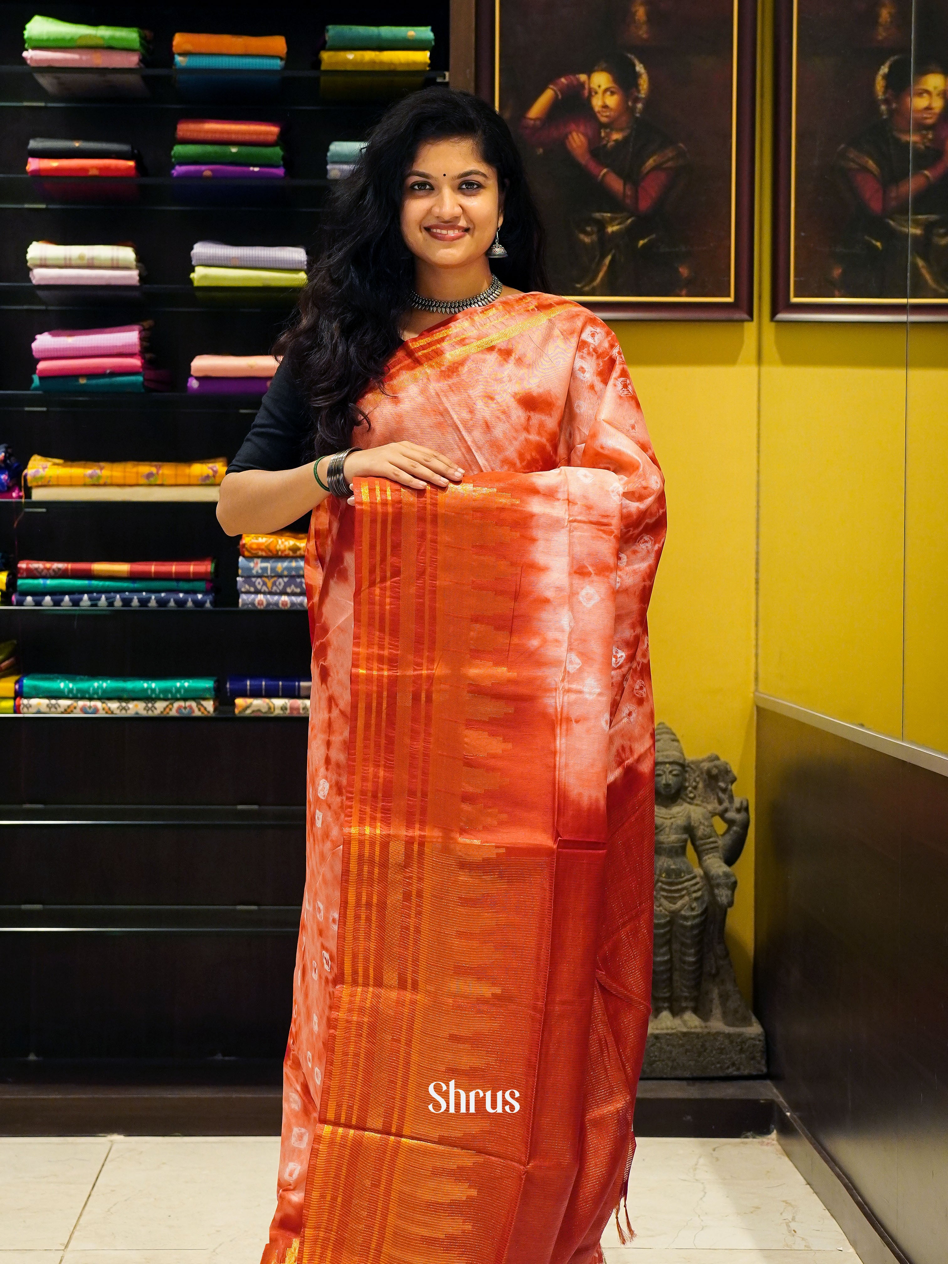 Cream & Red - Shibori Saree - Shop on ShrusEternity.com