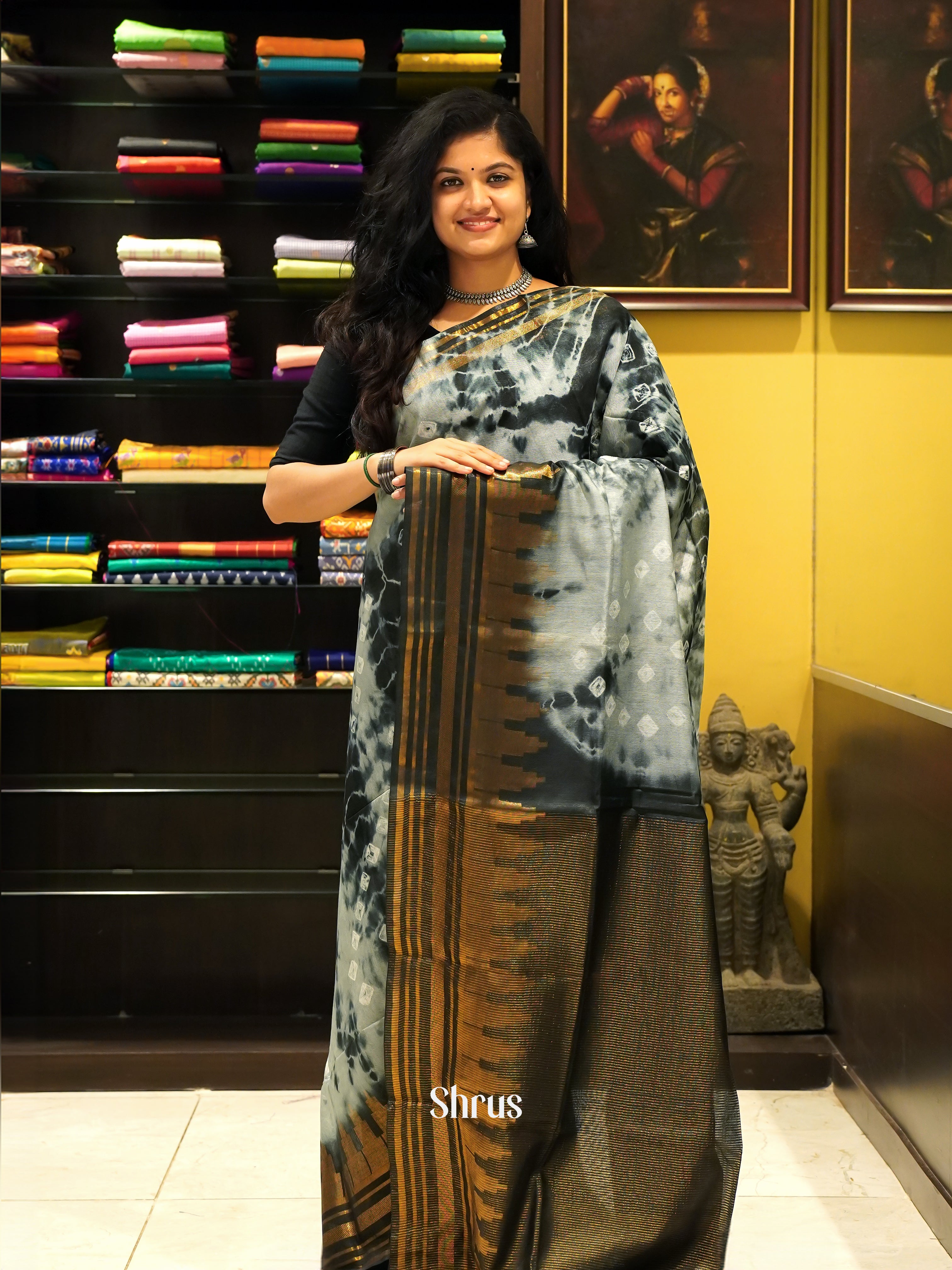 Cream & Black - Shibori Saree - Shop on ShrusEternity.com