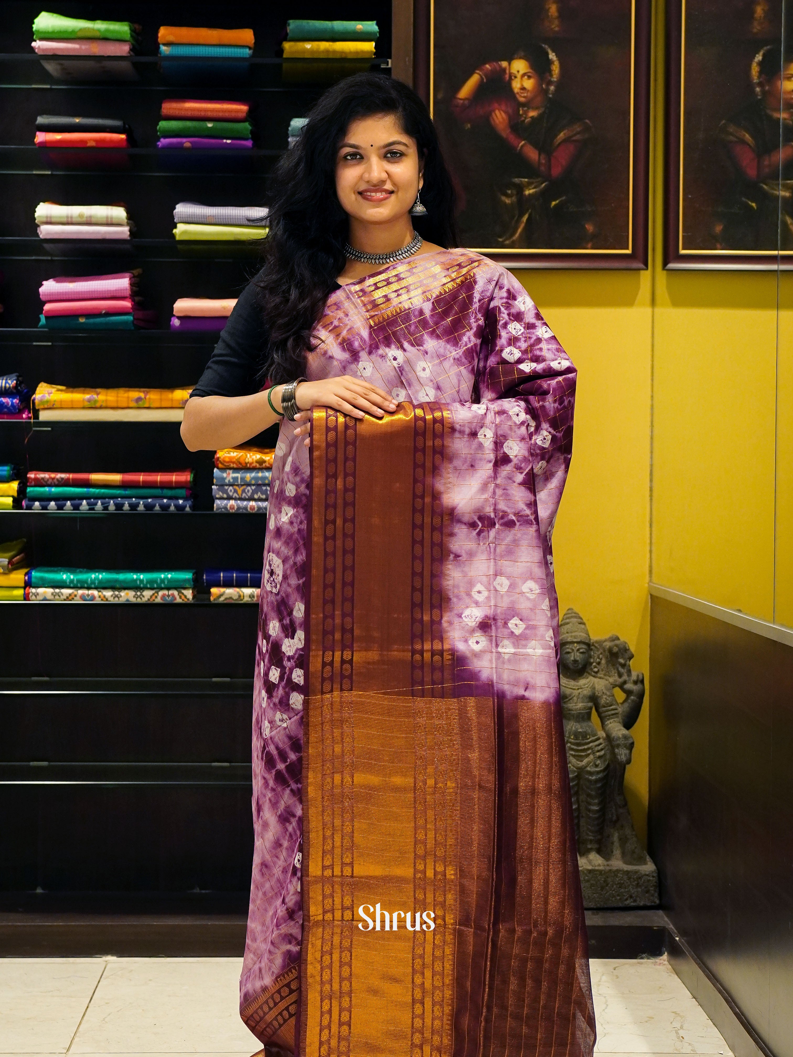 Cream & Violet - Shibori Saree - Shop on ShrusEternity.com