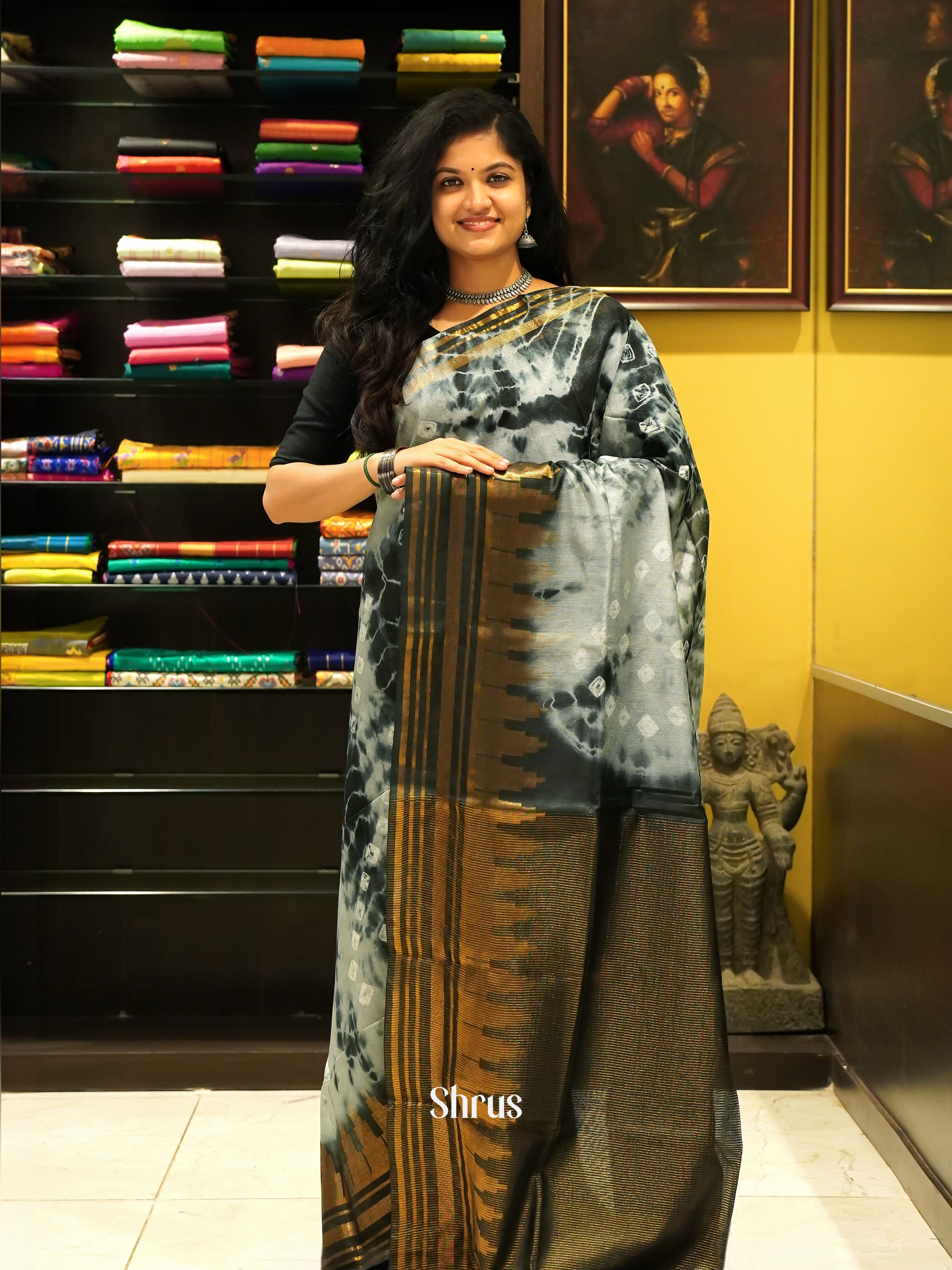 Cream & Black - Shibori Saree - Shop on ShrusEternity.com