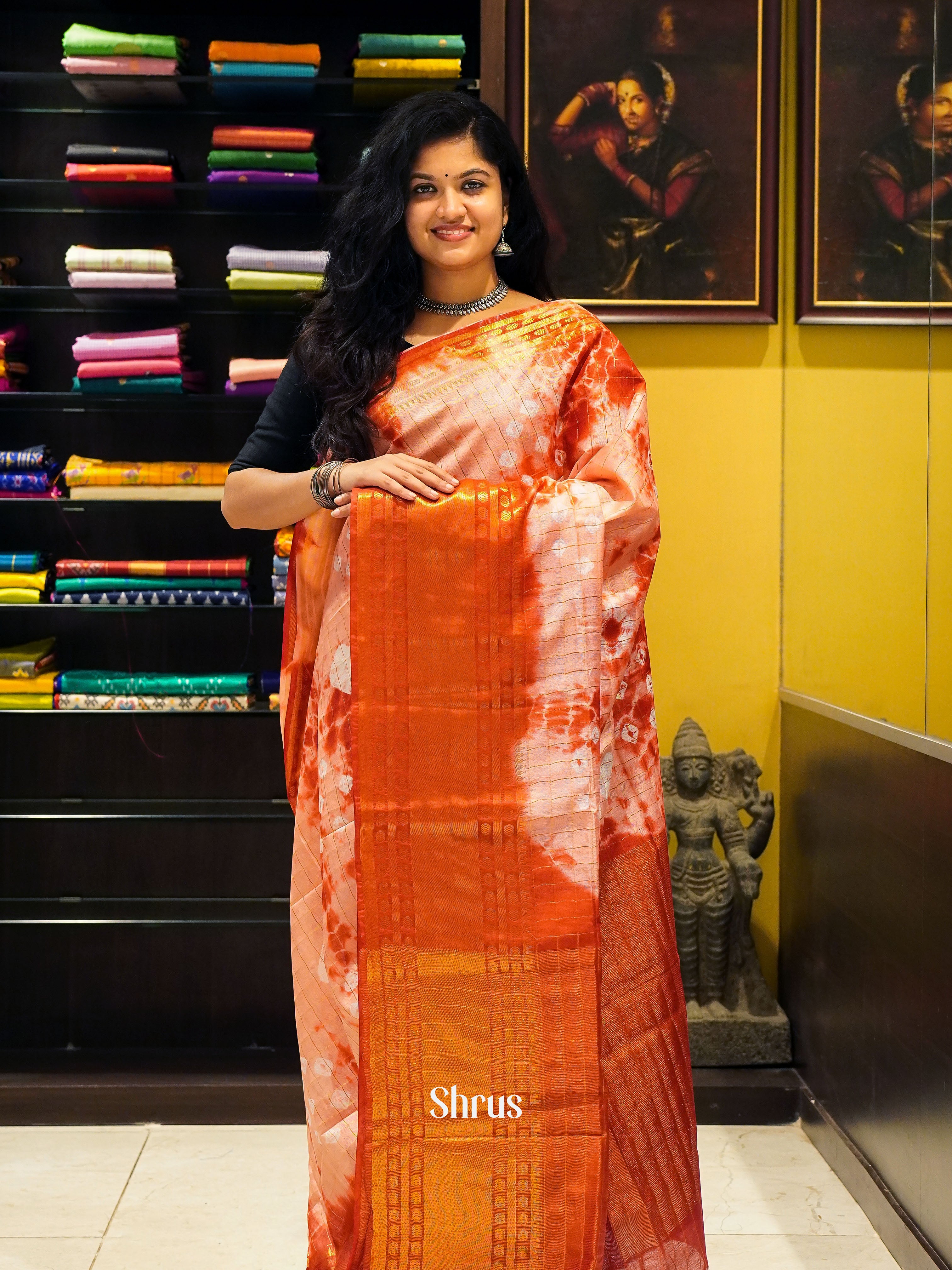 Cream & Red - Shibori Saree - Shop on ShrusEternity.com
