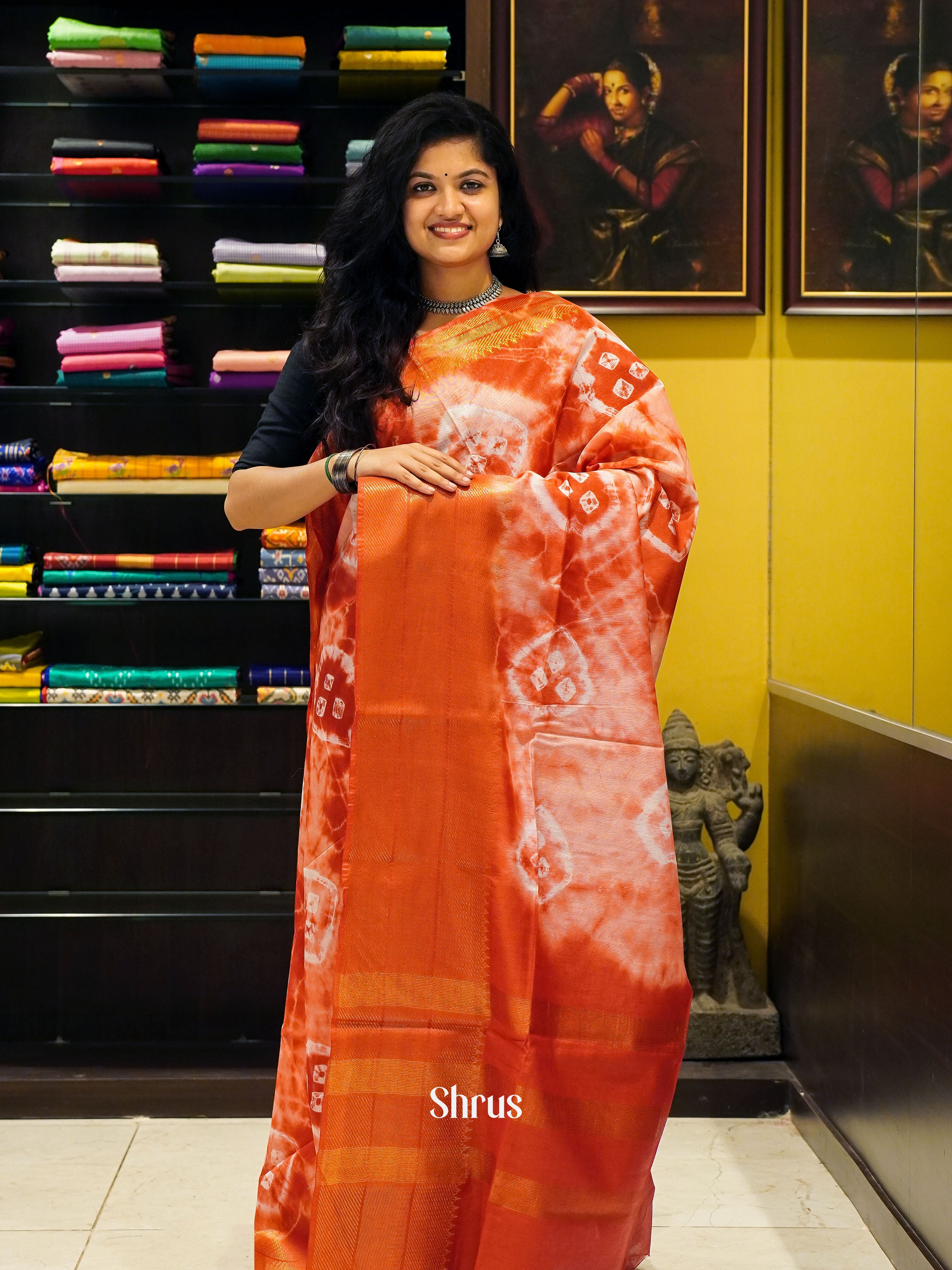 Cream & Red - Shibori Saree - Shop on ShrusEternity.com