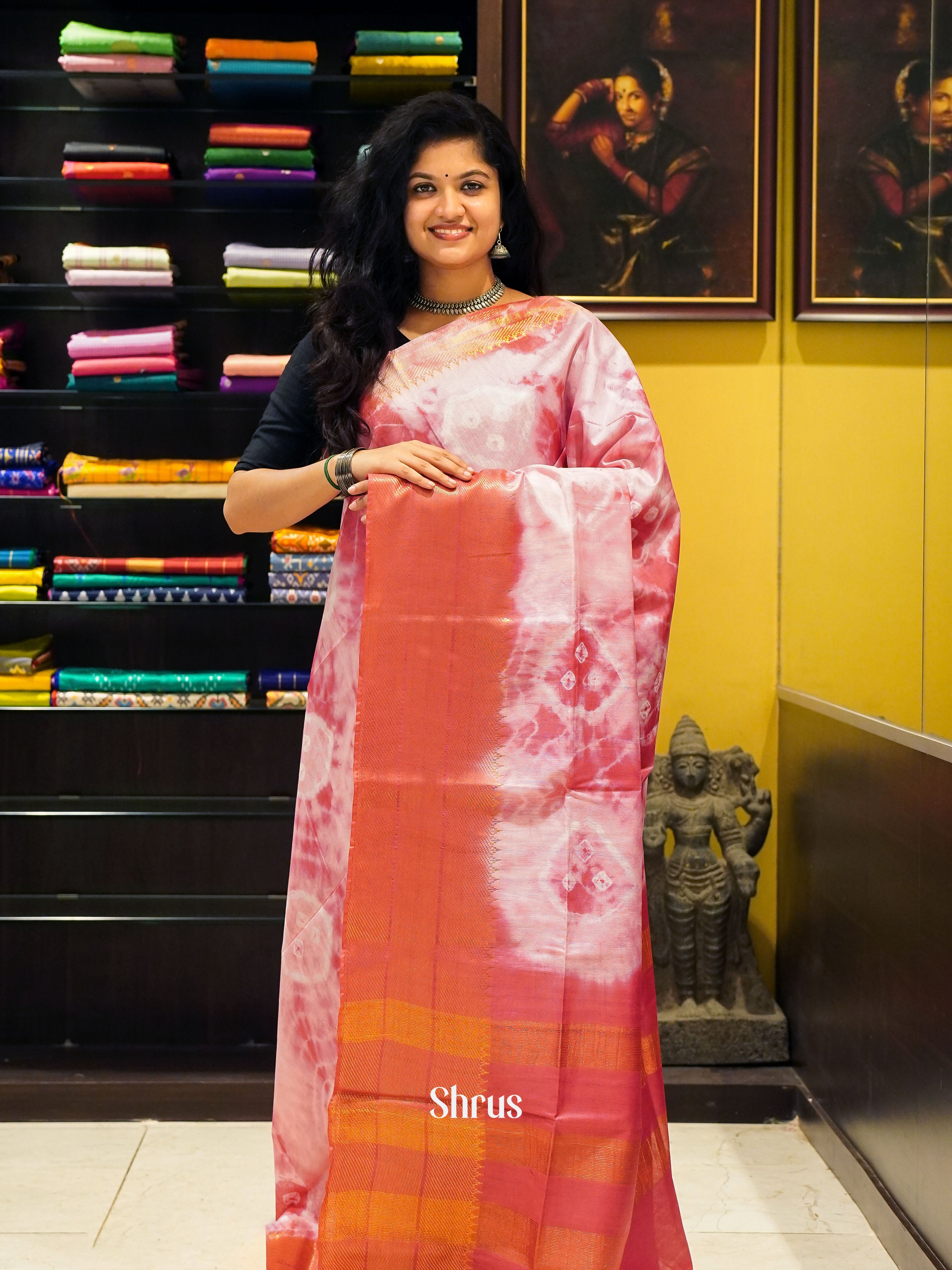 Cream & Red - Shibori Saree - Shop on ShrusEternity.com