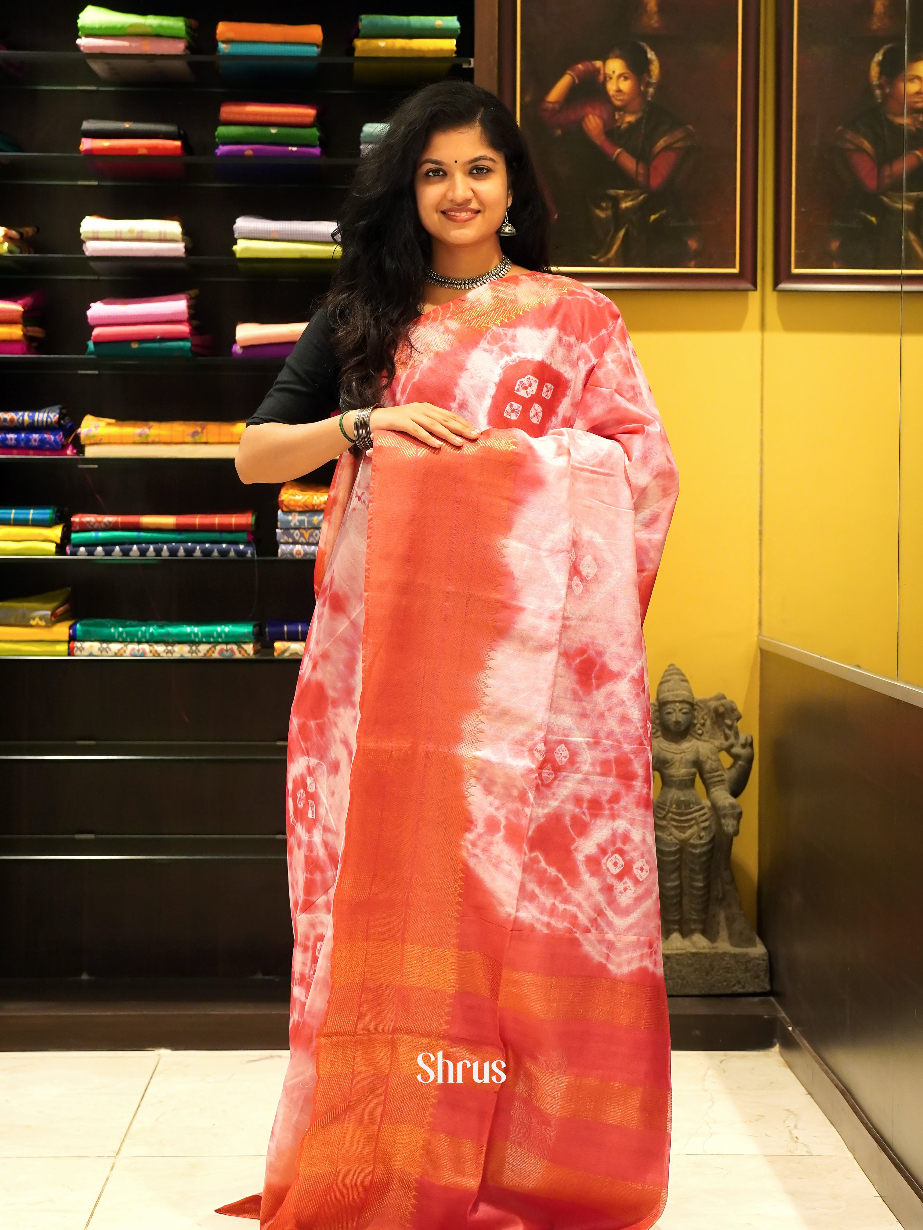 Cream & Red - Shibori Saree - Shop on ShrusEternity.com
