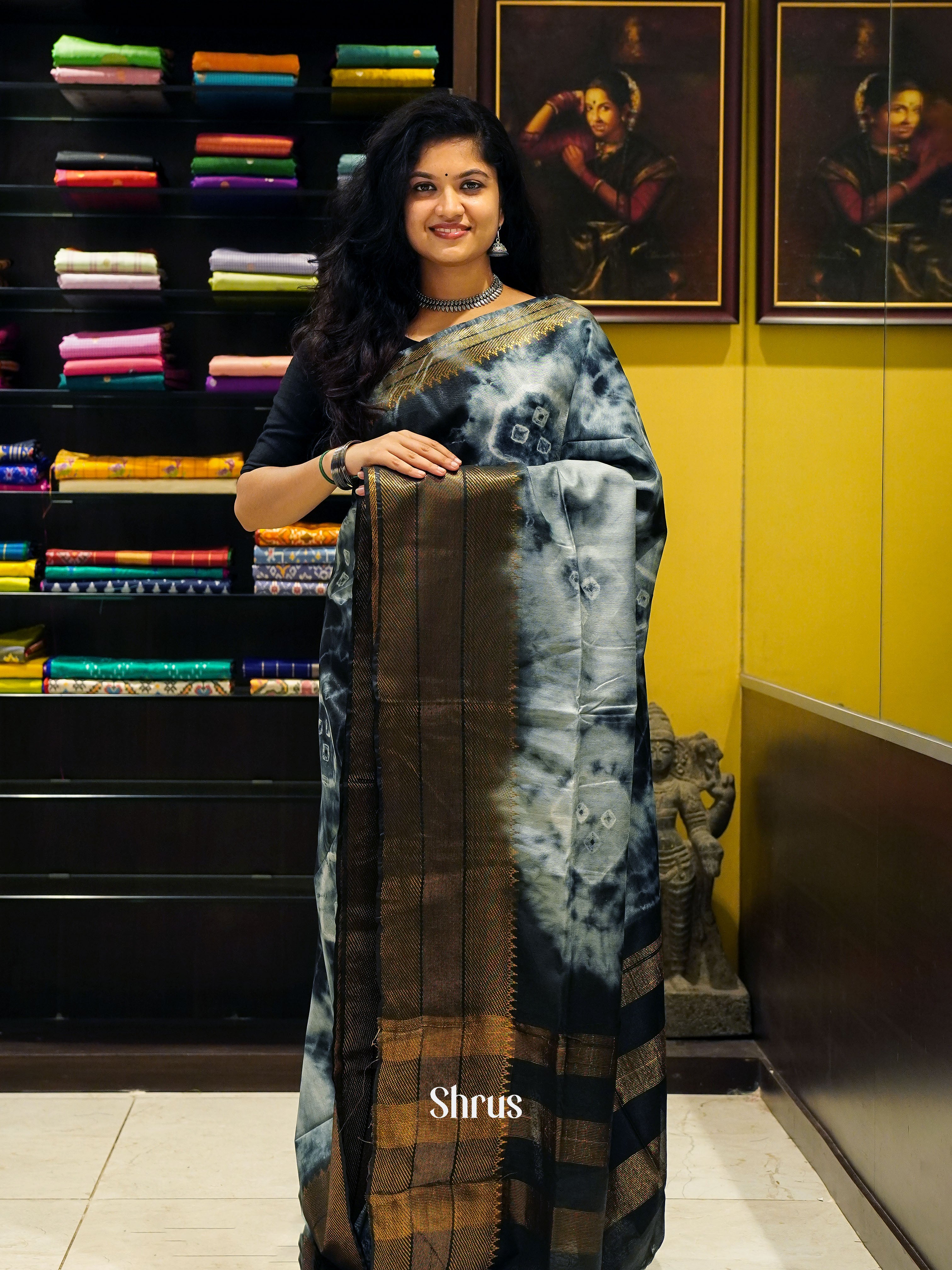 Cream & Black - Shibori Saree - Shop on ShrusEternity.com