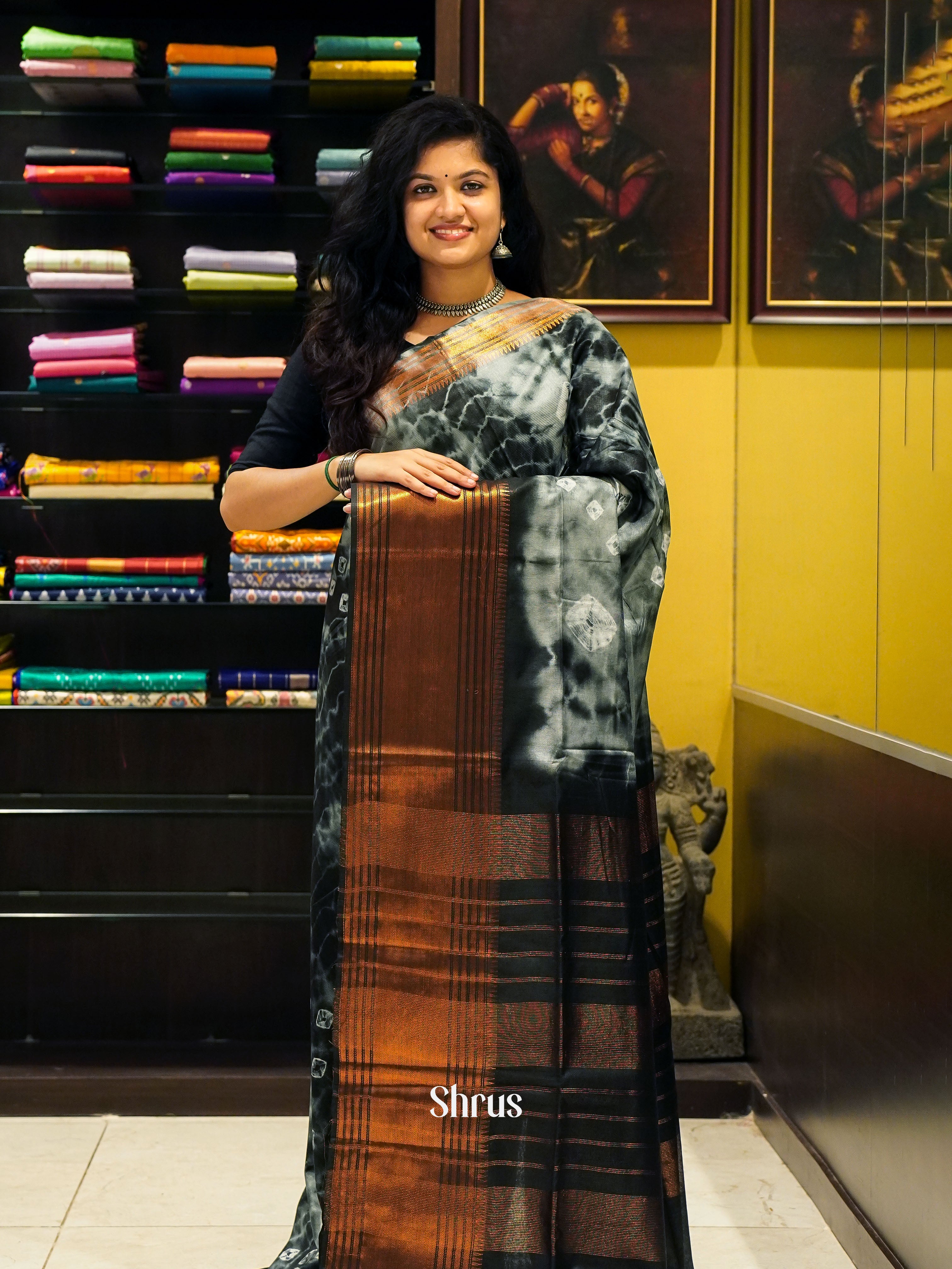 Cream & Black - Shibori Saree - Shop on ShrusEternity.com
