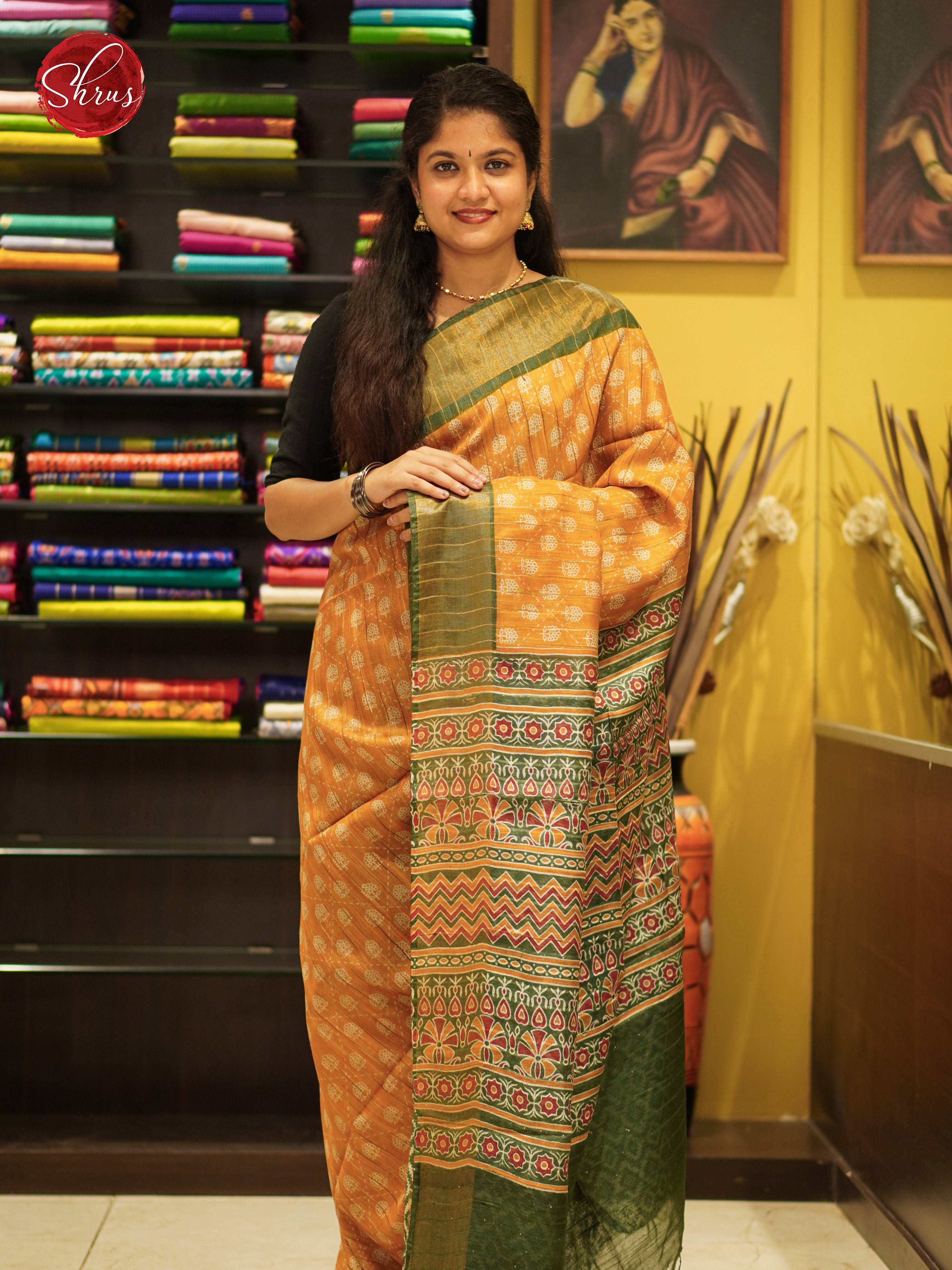 Mustard & Green - Semi Gicha Saree - Shop on ShrusEternity.com