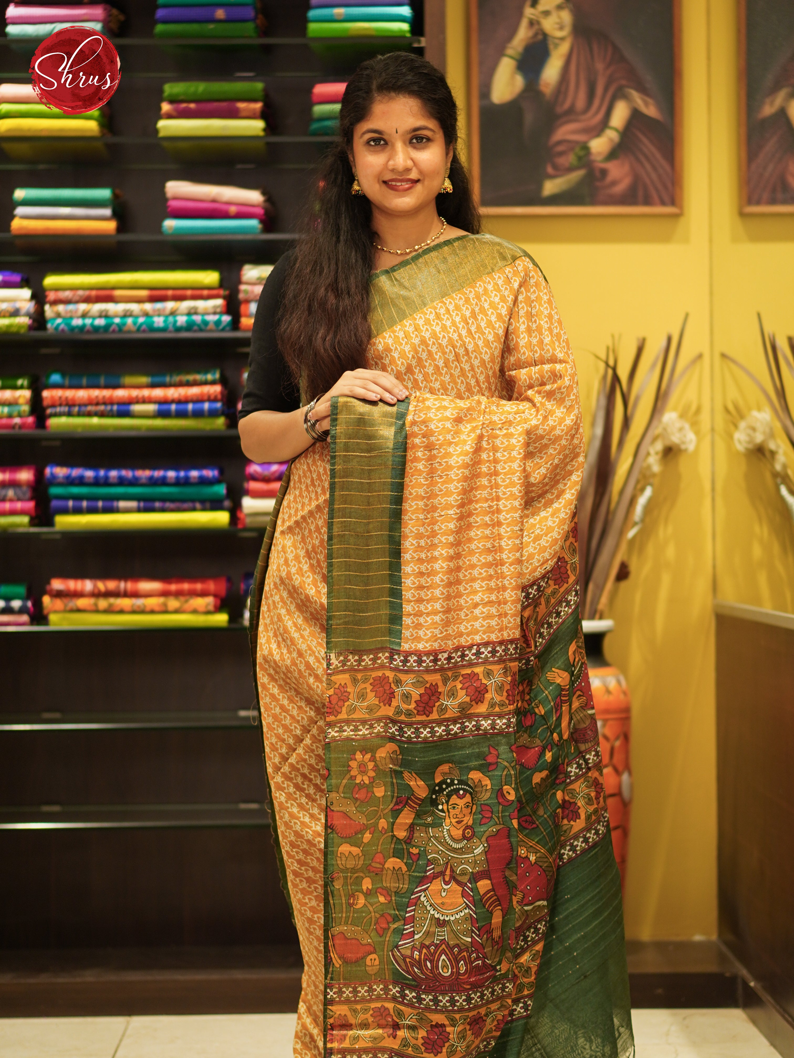 Orange & Green - Semi Gicha Saree - Shop on ShrusEternity.com