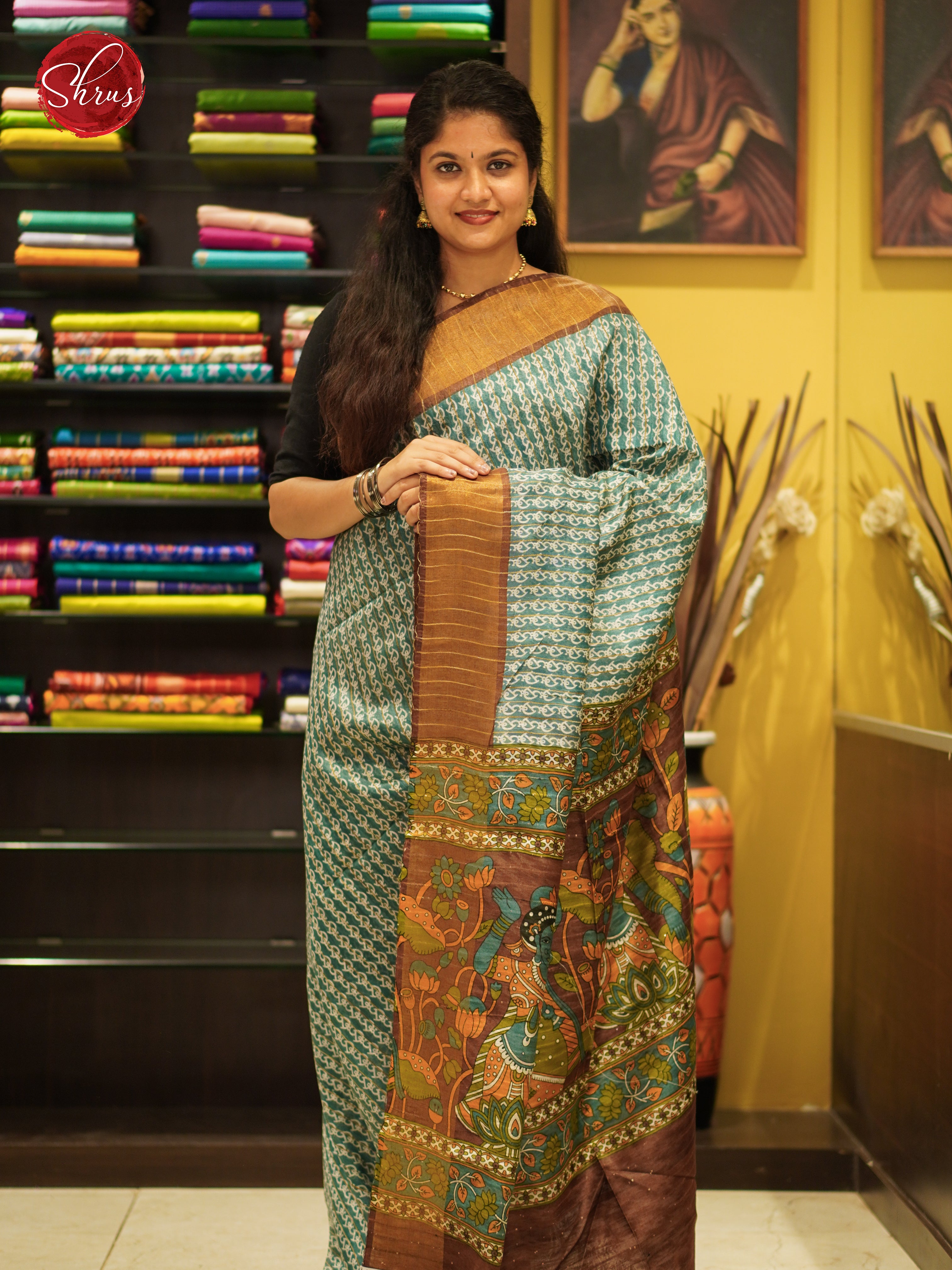 Green & Brown - Semi Gicha Saree - Shop on ShrusEternity.com
