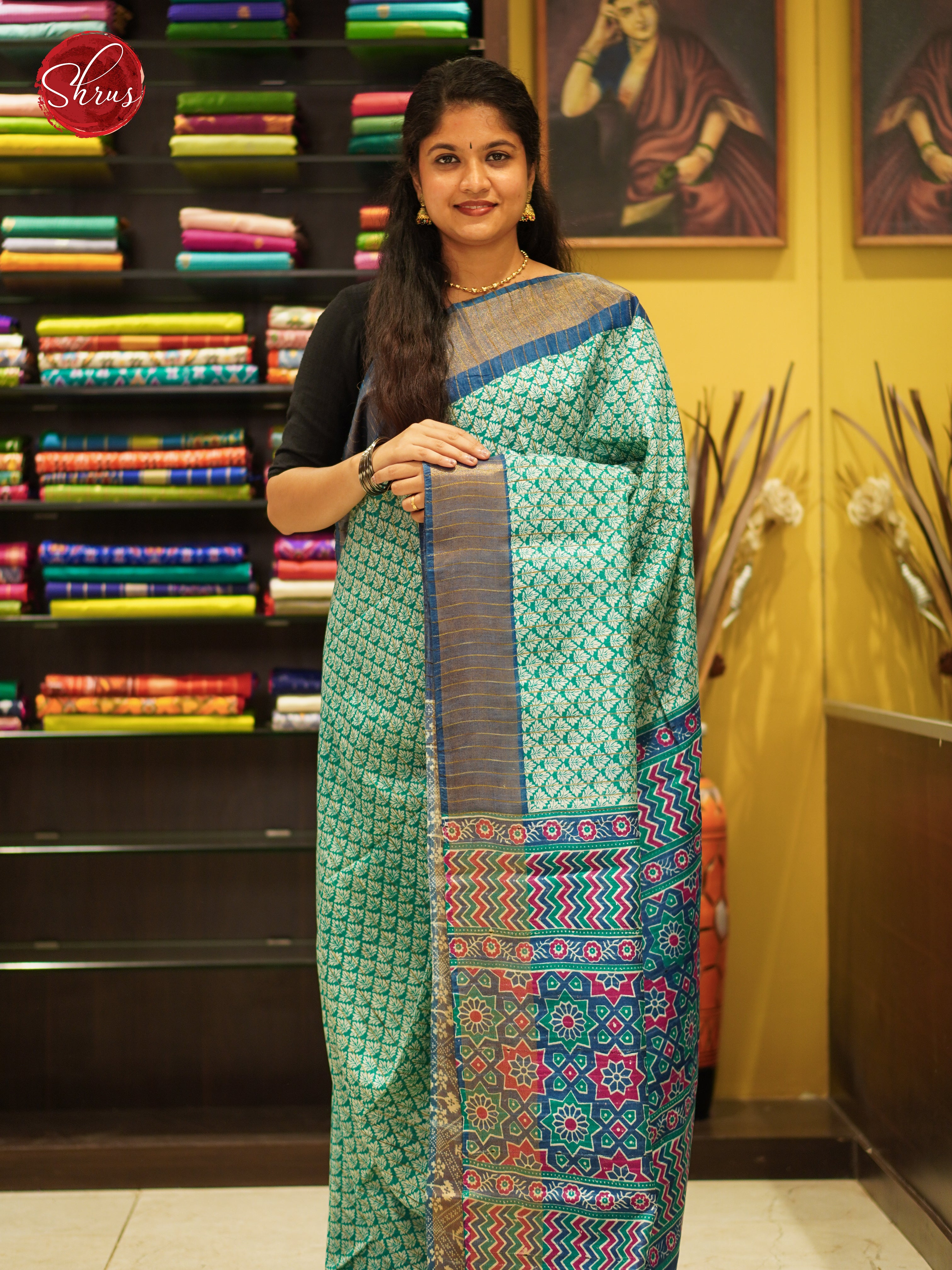 Green & Blue - Semi Gicha Saree - Shop on ShrusEternity.com