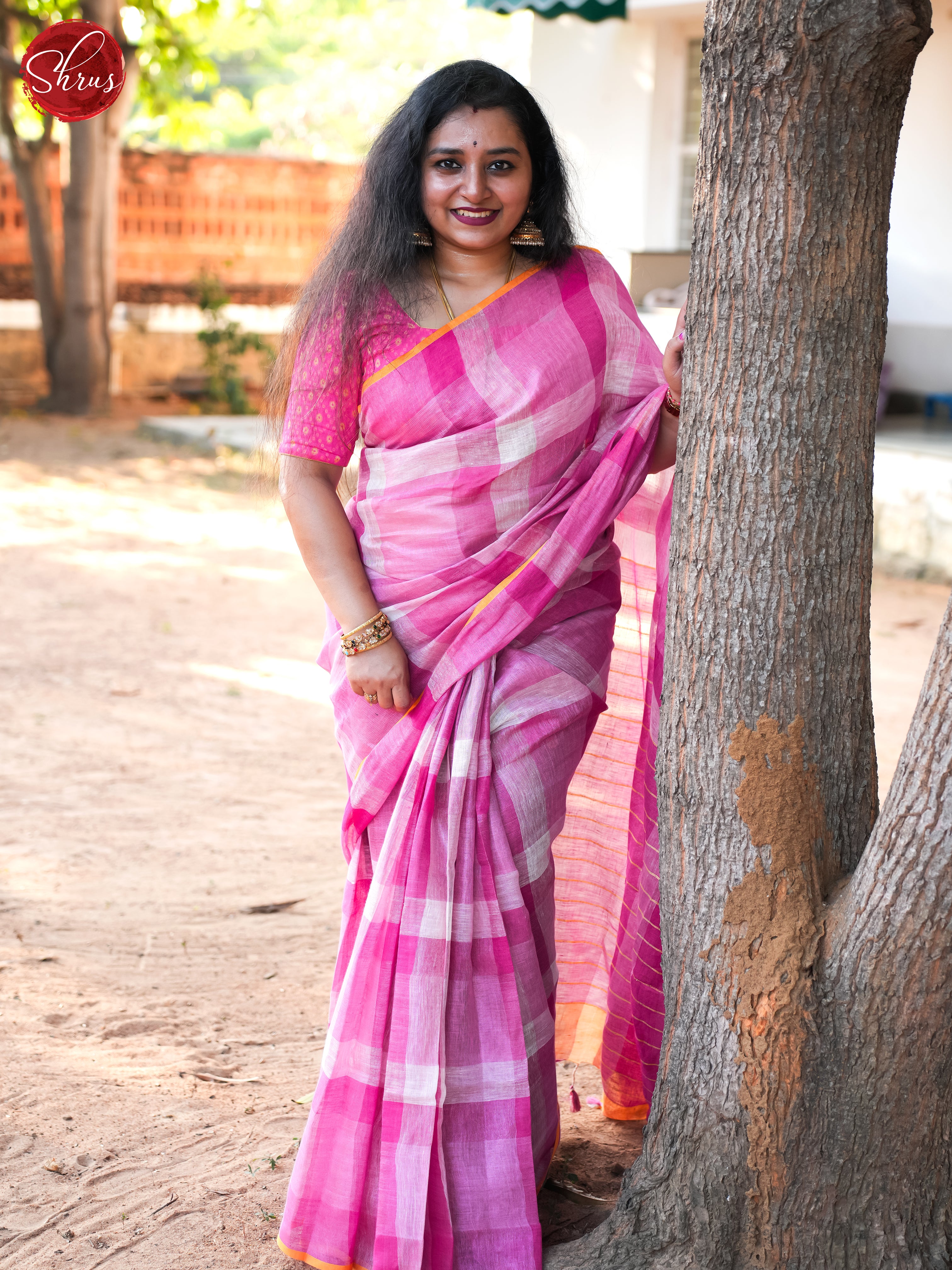 Cream & Pink - Linen Saree - Shop on ShrusEternity.com