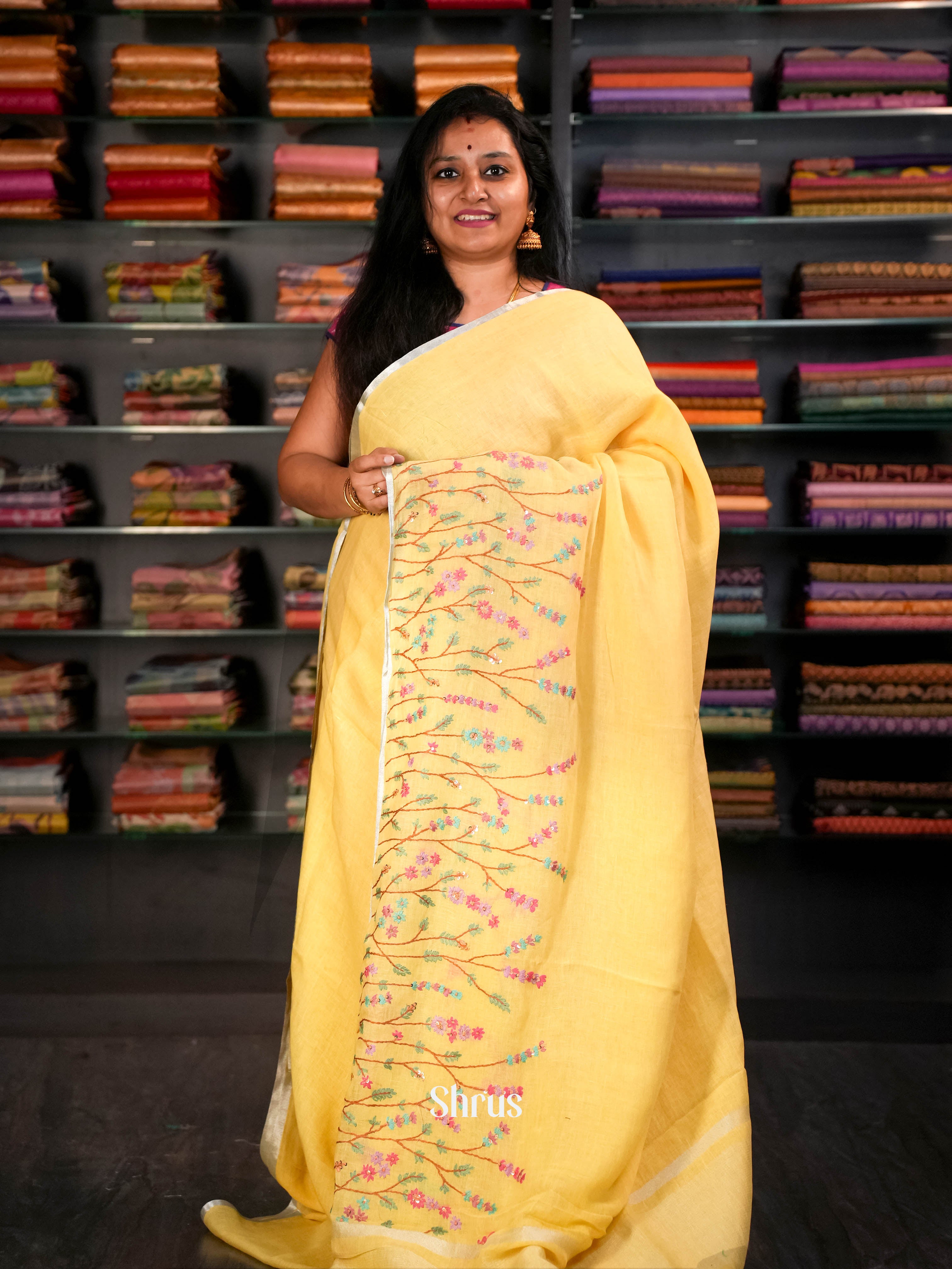 Yellow - Linen Saree Saree - Shop on ShrusEternity.com