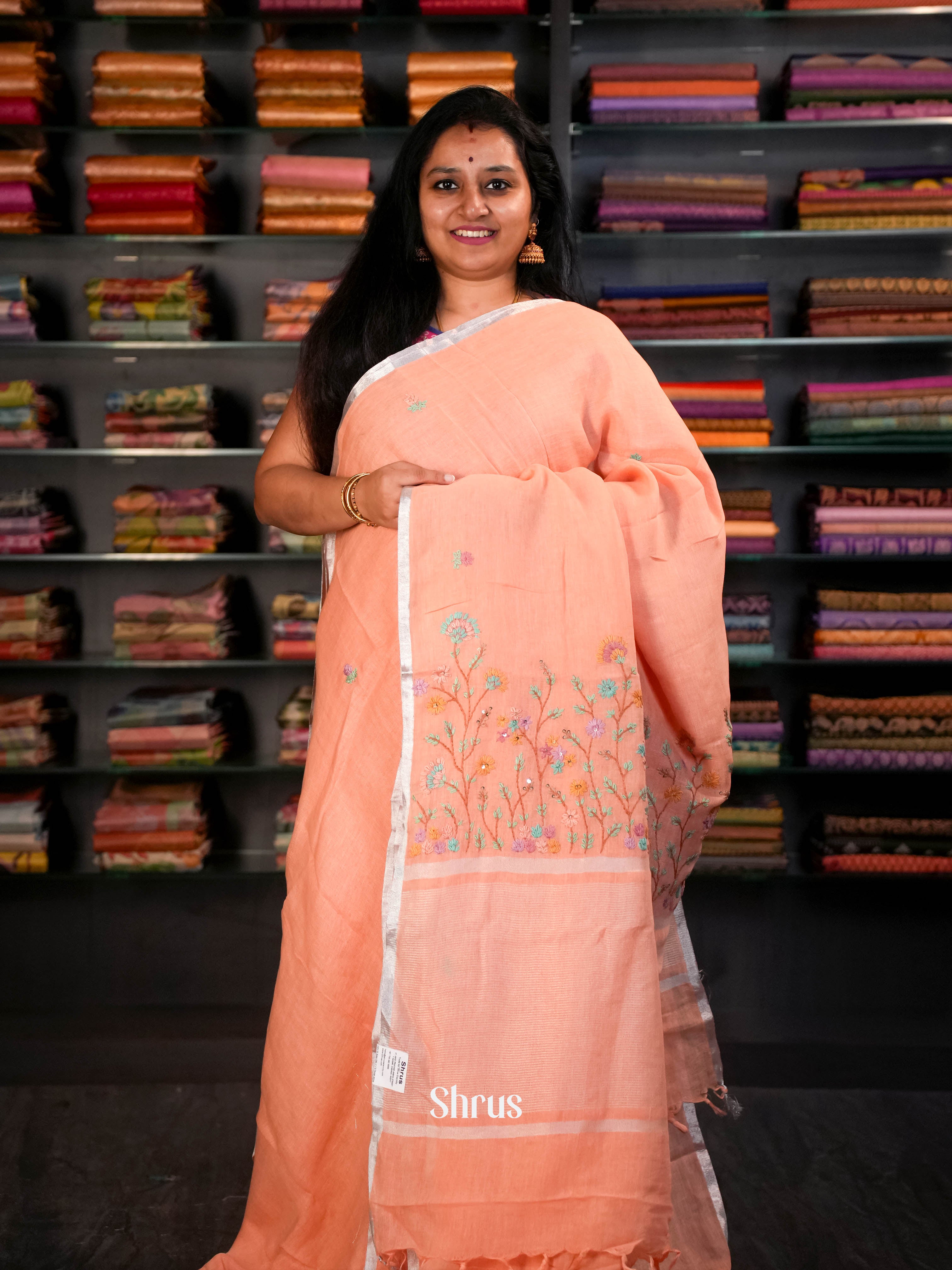 Peach - Linen Saree Saree - Shop on ShrusEternity.com
