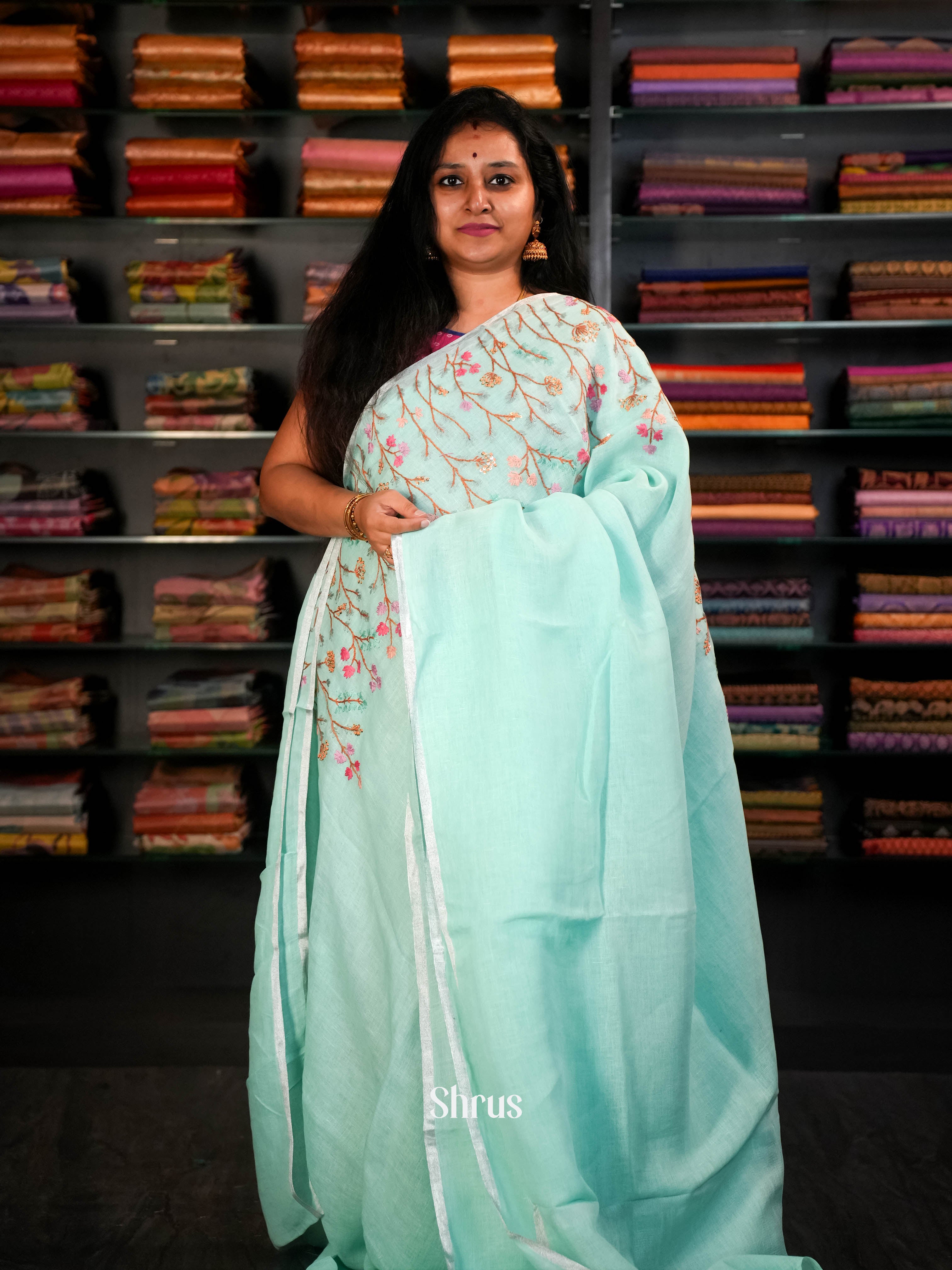Aqua Blue - Linen Saree Saree - Shop on ShrusEternity.com