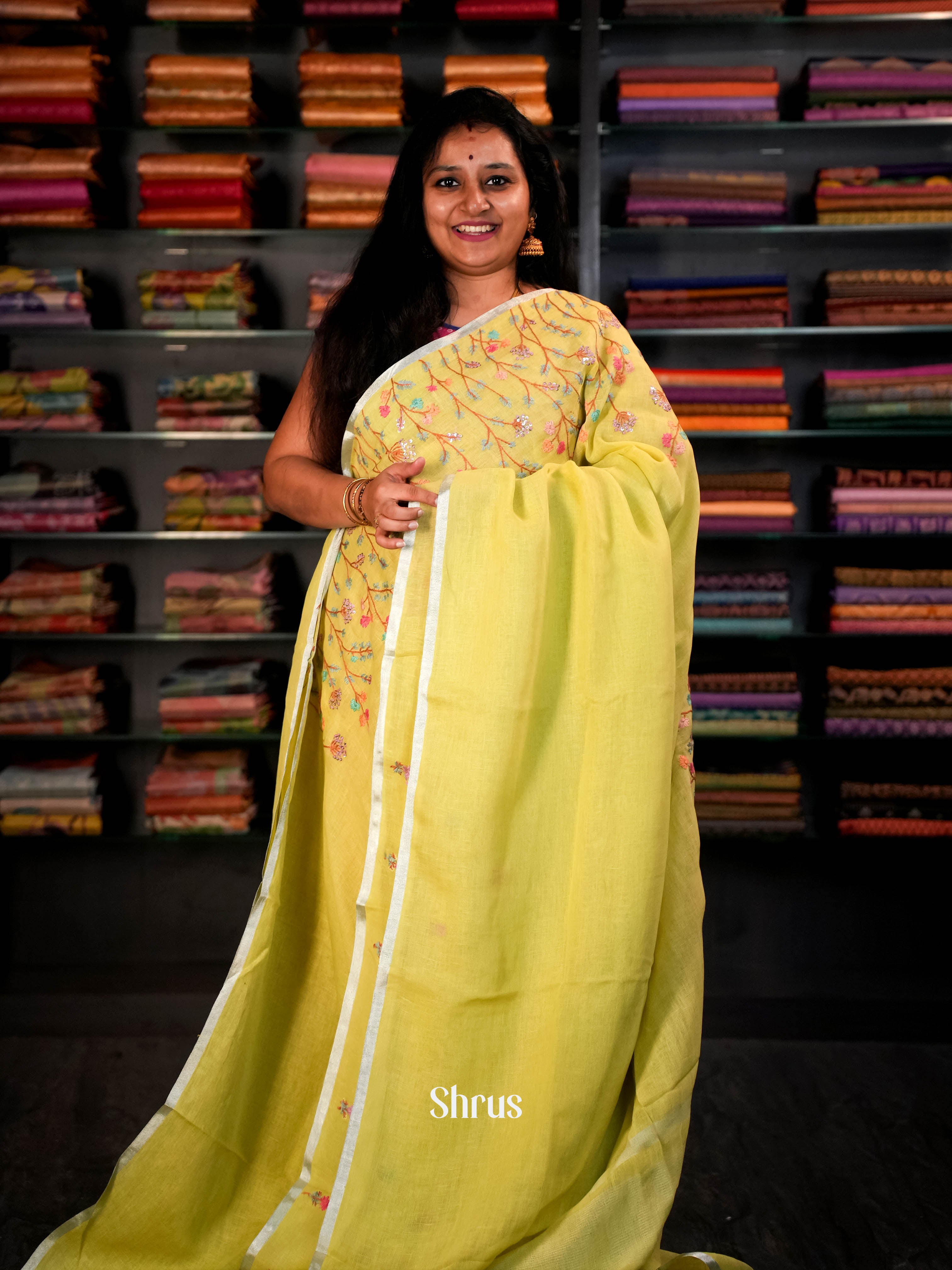 Yellowish Green - Linen Saree Saree - Shop on ShrusEternity.com
