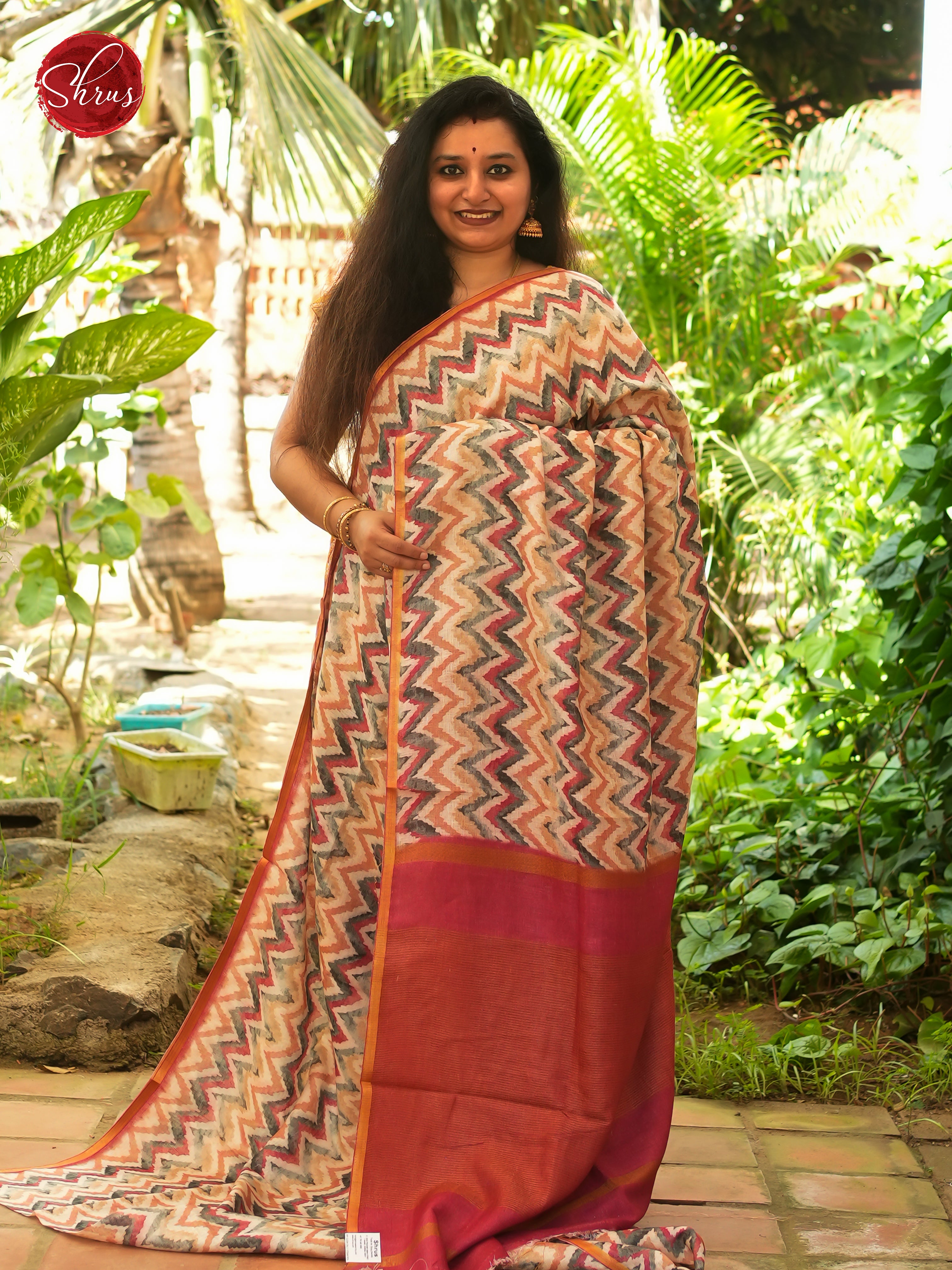 Beige & Orange - Linen Saree - Shop on ShrusEternity.com