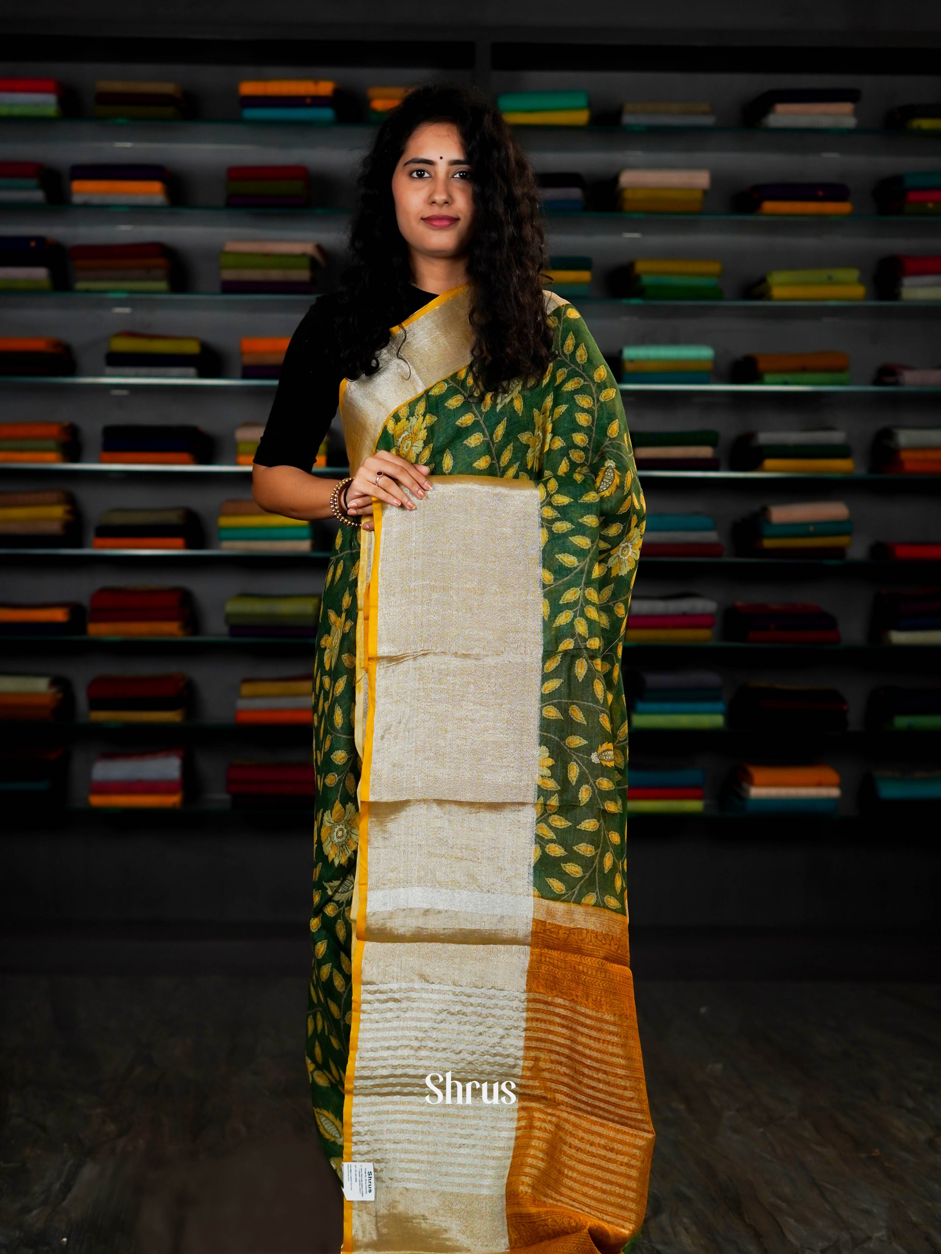 Green & Yellowish Silver - Linen Saree - Shop on ShrusEternity.com