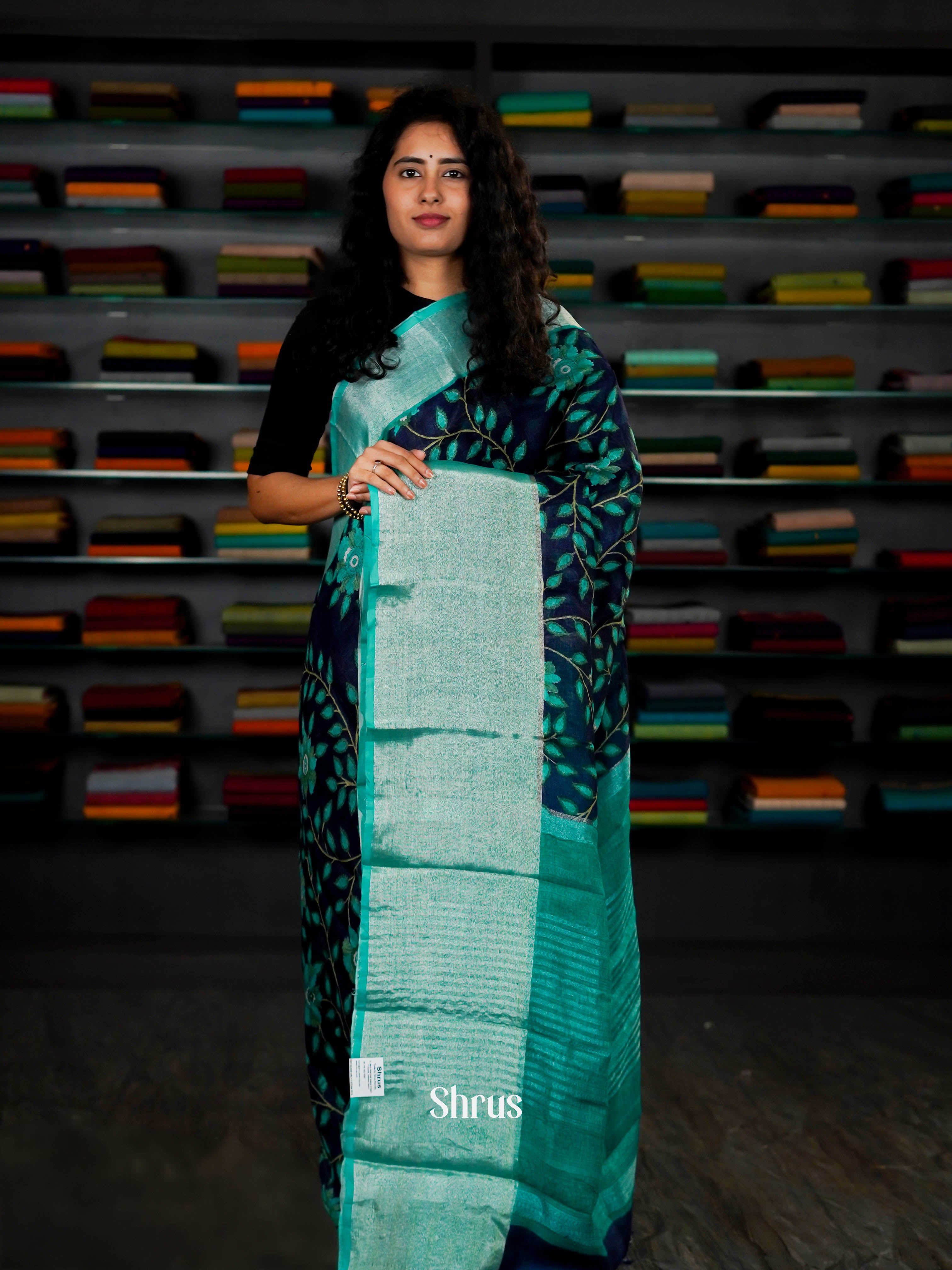 Navy Blue & Light Blue - Linen Saree - Shop on ShrusEternity.com