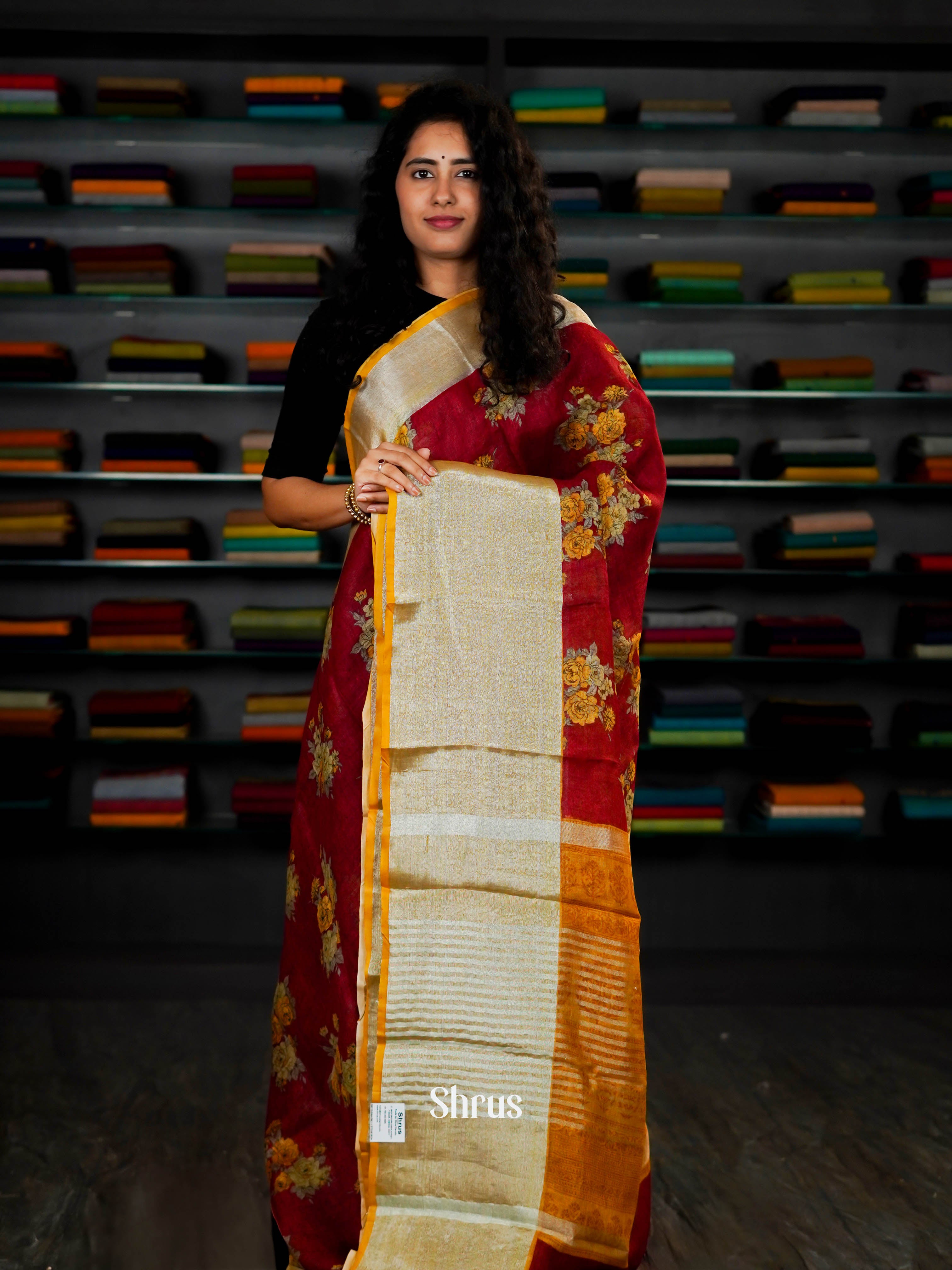 Maroon & Yellowish Silver - Linen Saree - Shop on ShrusEternity.com