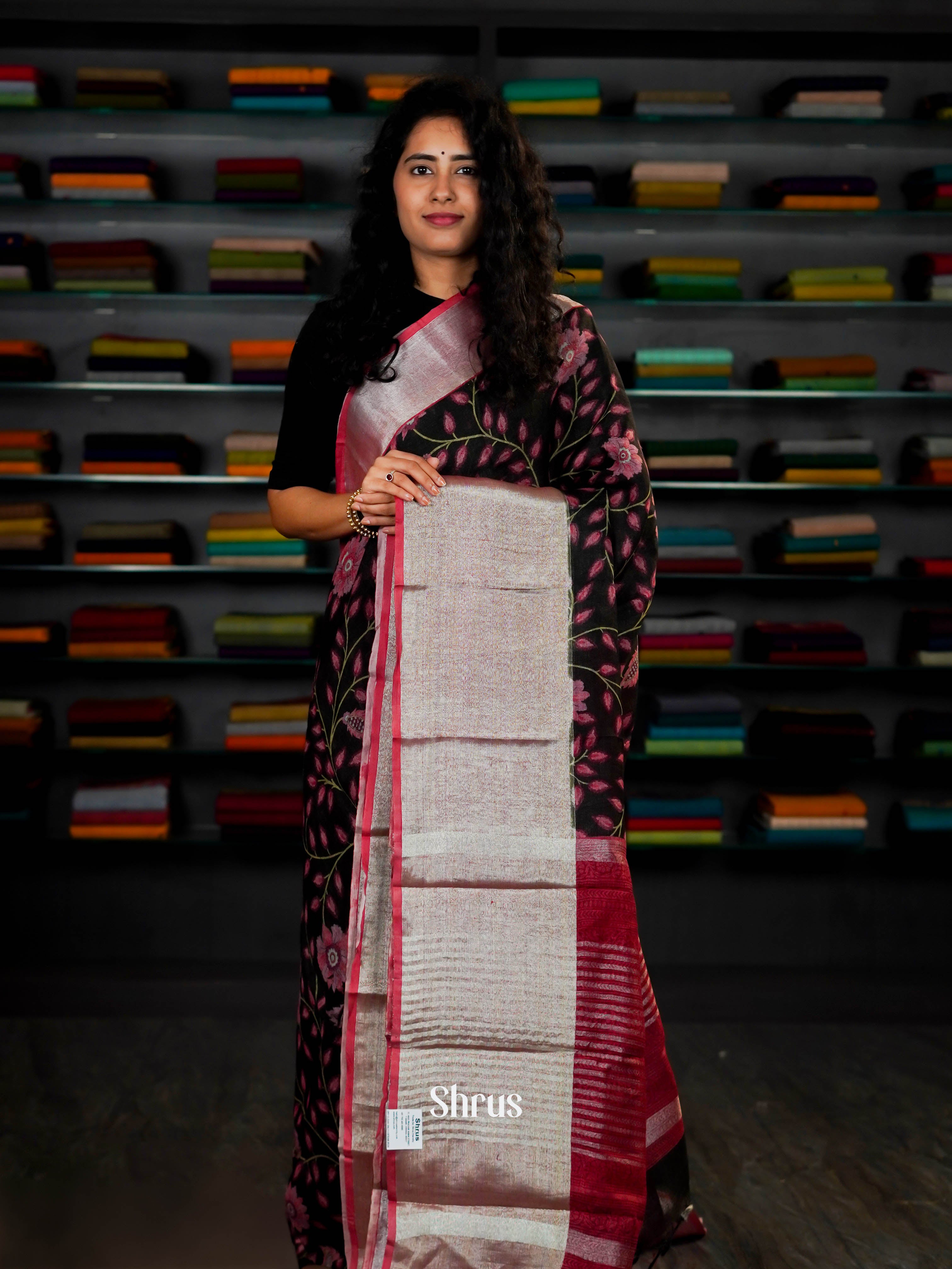 Black & Pinkish Silver - Linen Saree - Shop on ShrusEternity.com