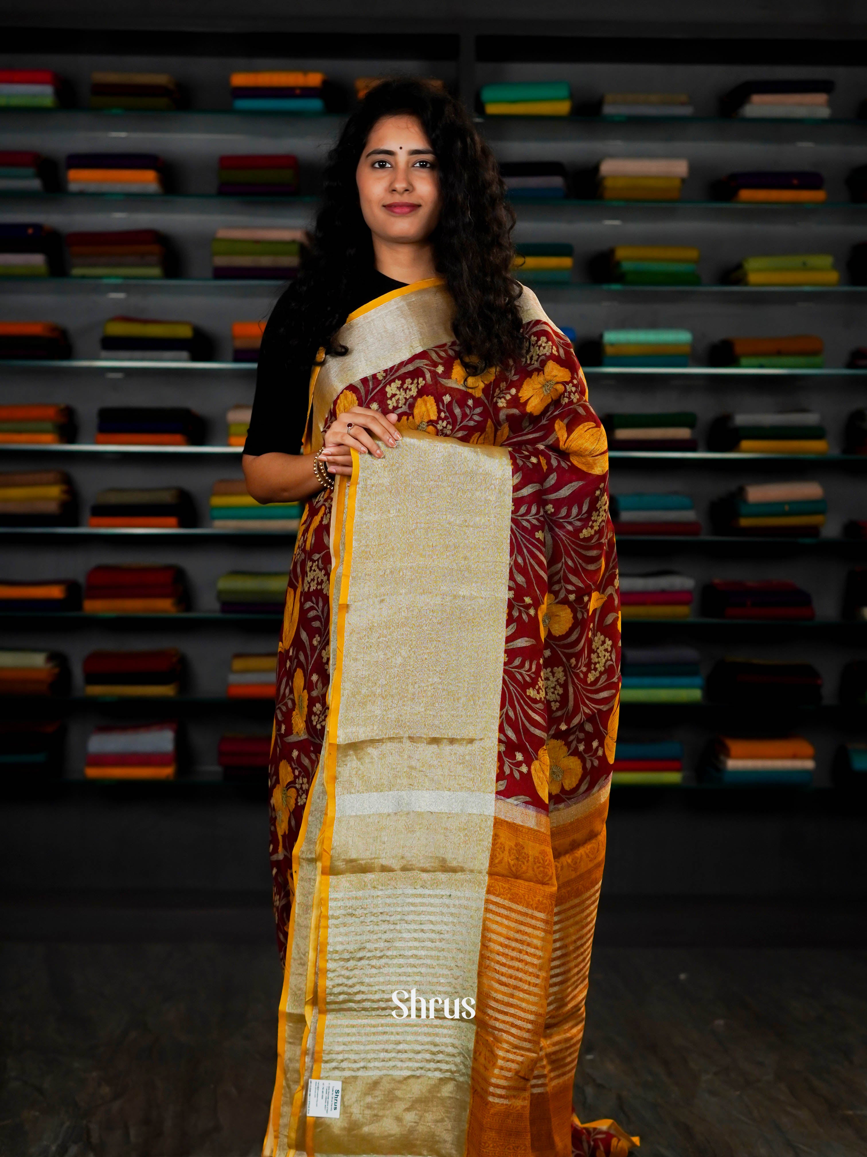 Maroon & Yellowish Silver - Linen Saree - Shop on ShrusEternity.com