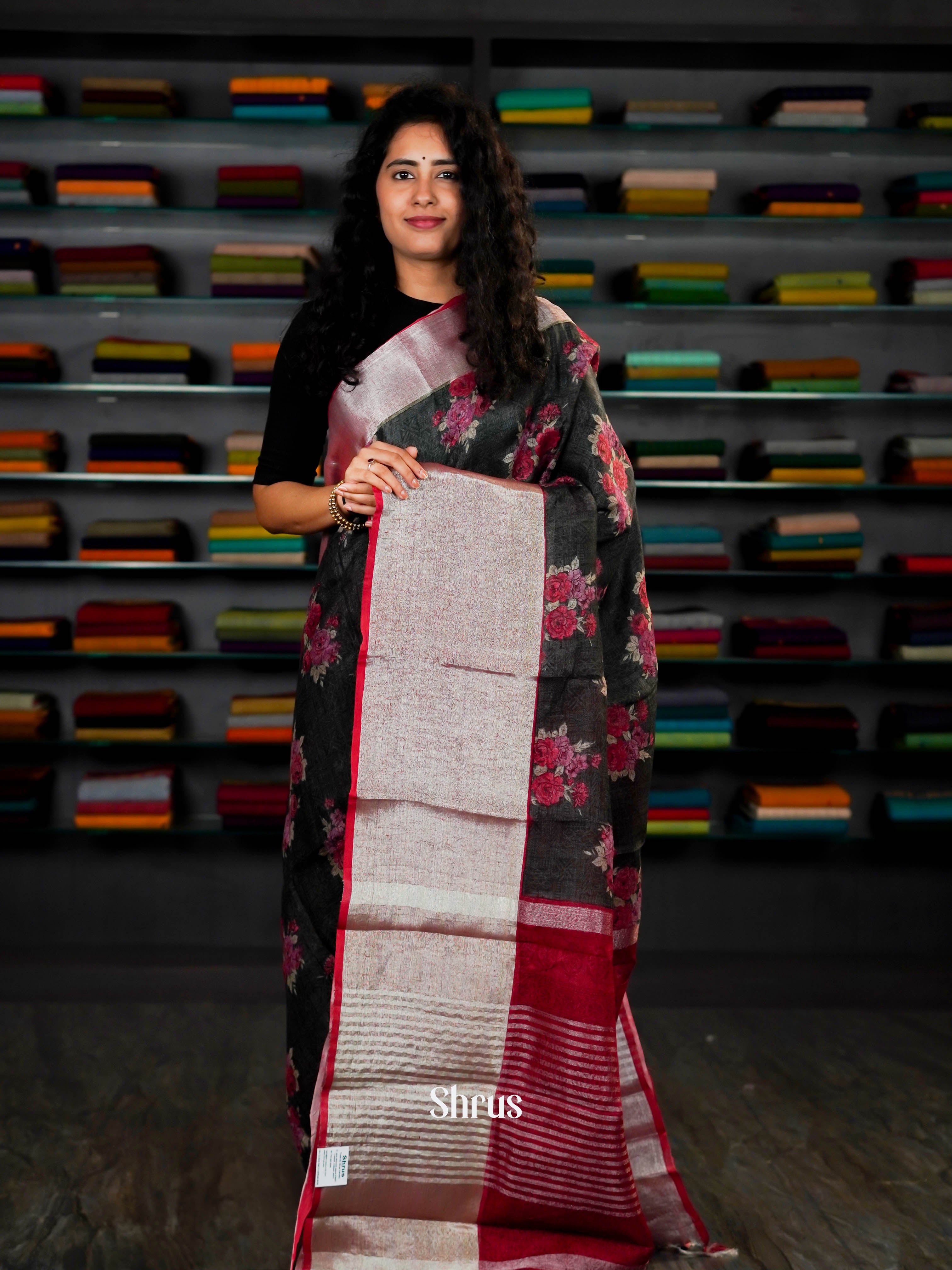 Black & Pinkish Silver - Linen Saree - Shop on ShrusEternity.com