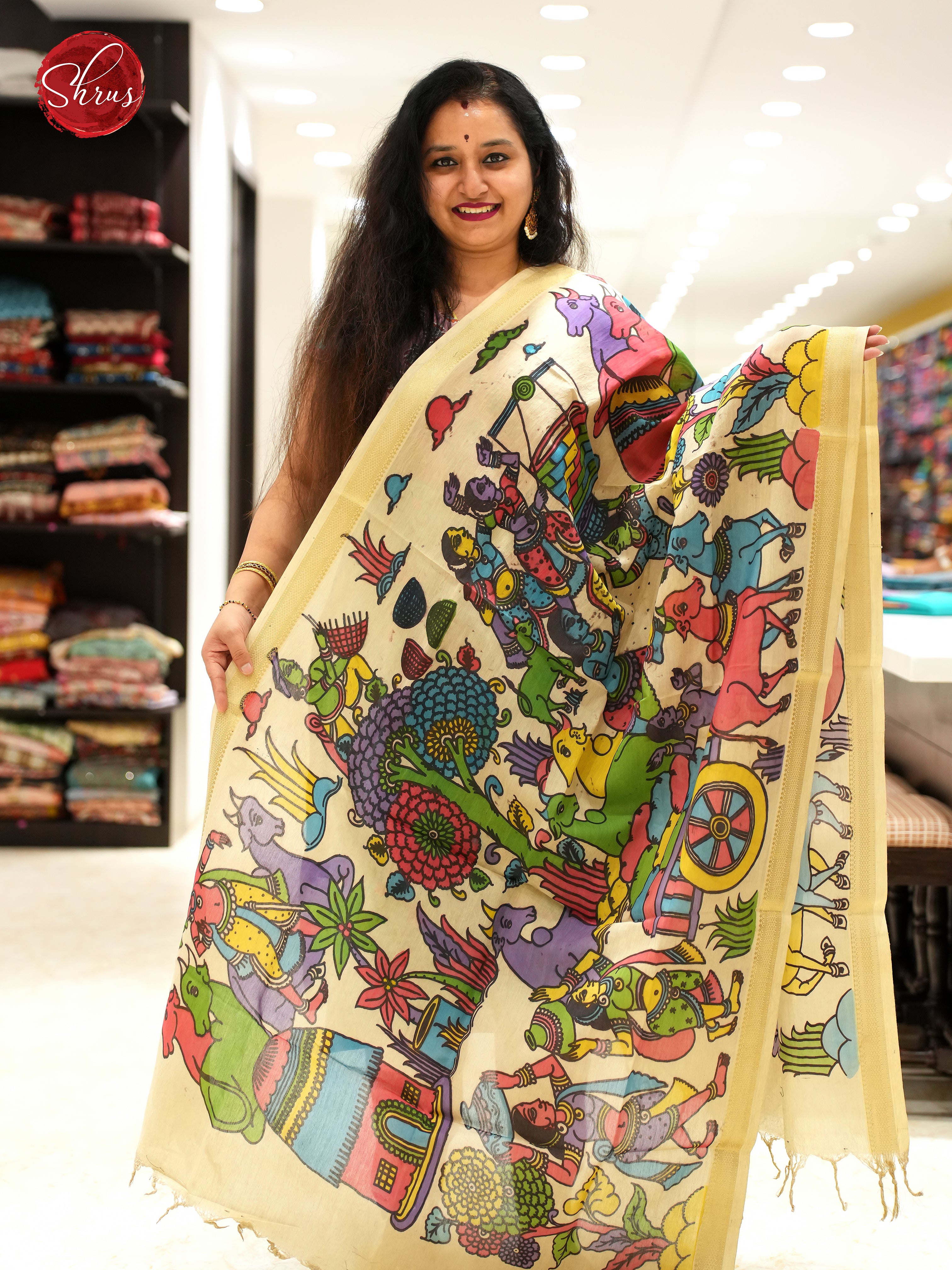 Cream - Pen kalamkari Dupatta - Shop on ShrusEternity.com